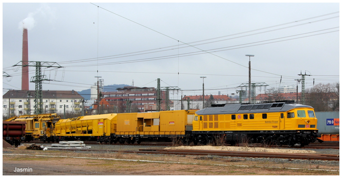 233 493 der Bahnbaugruppe mit einem Bauzug im Güterbahnhof Fulda am 22.03.15 