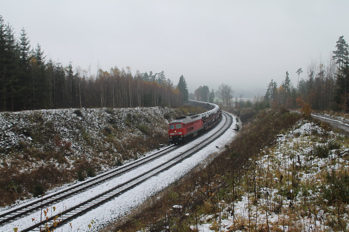 233 510-7 zieht den Elbtal-Umleiter GA52324 Skoda Autozug nach Osnabrück kurz vor Wiesau/Oberpfalz. 11.11.16