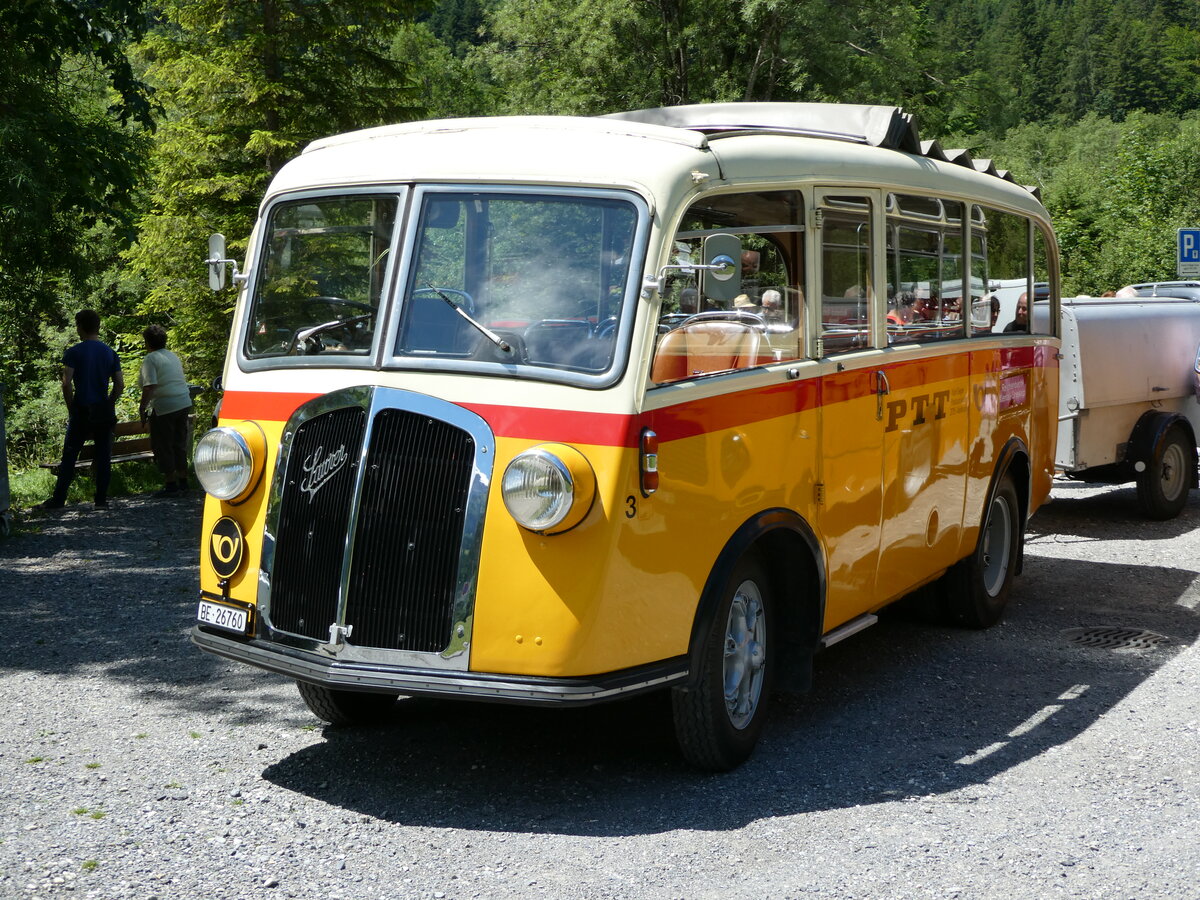 (237'620) - Schmid, Thrishaus - Nr. 3/BE 26'760 - Saurer/Gangloff (ex Geiger, Adelboden Nr. 3) am 26. Juni 2022 in Kiental, Tschingelsee