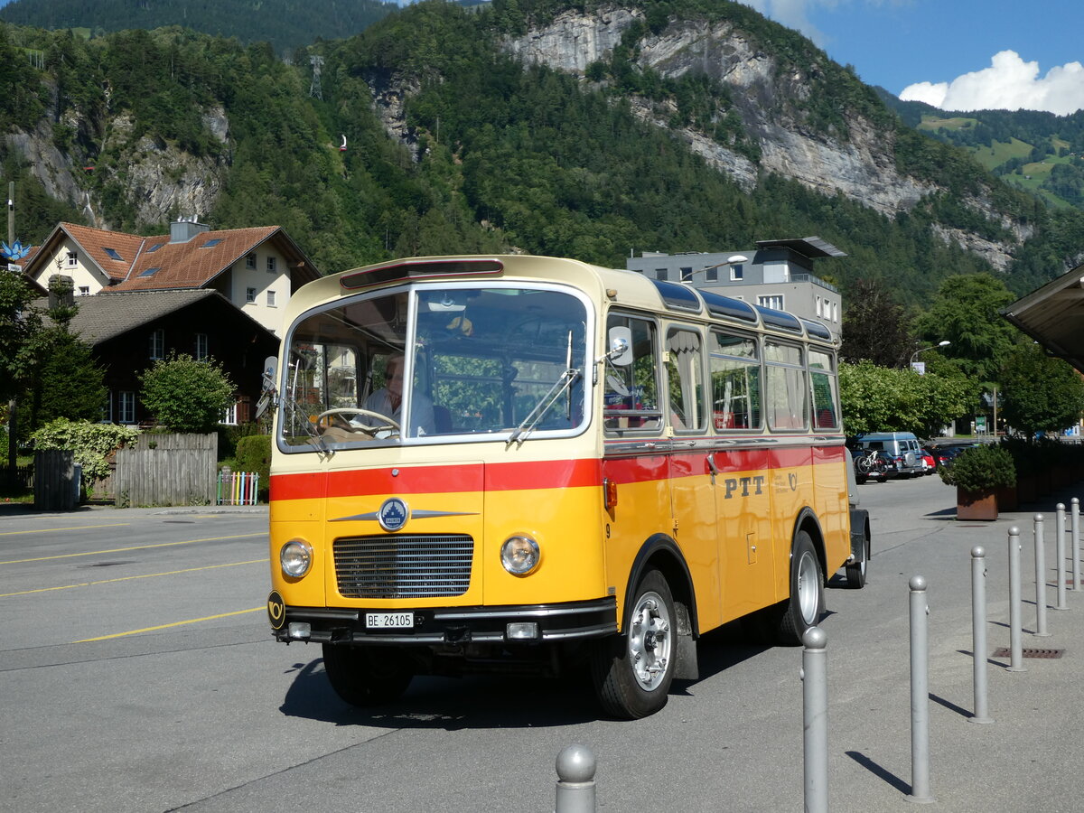 (237'997) - Schmid, Thrishaus - Nr. 9/BE 26'105 - Saurer/R&J (ex Geiger, Adelboden Nr. 9) am 10. Juli 2022 beim Bahnhof Meiringen