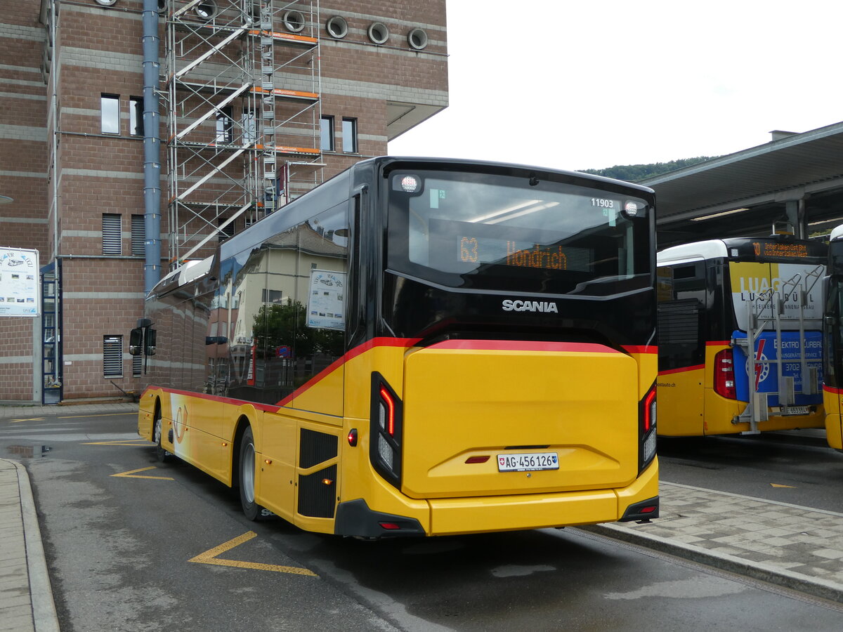 (238'548) - PostAuto Nordschweiz - AG 456'126 - Scania am 29. Juli 2022 beim Bahnhof Spiez