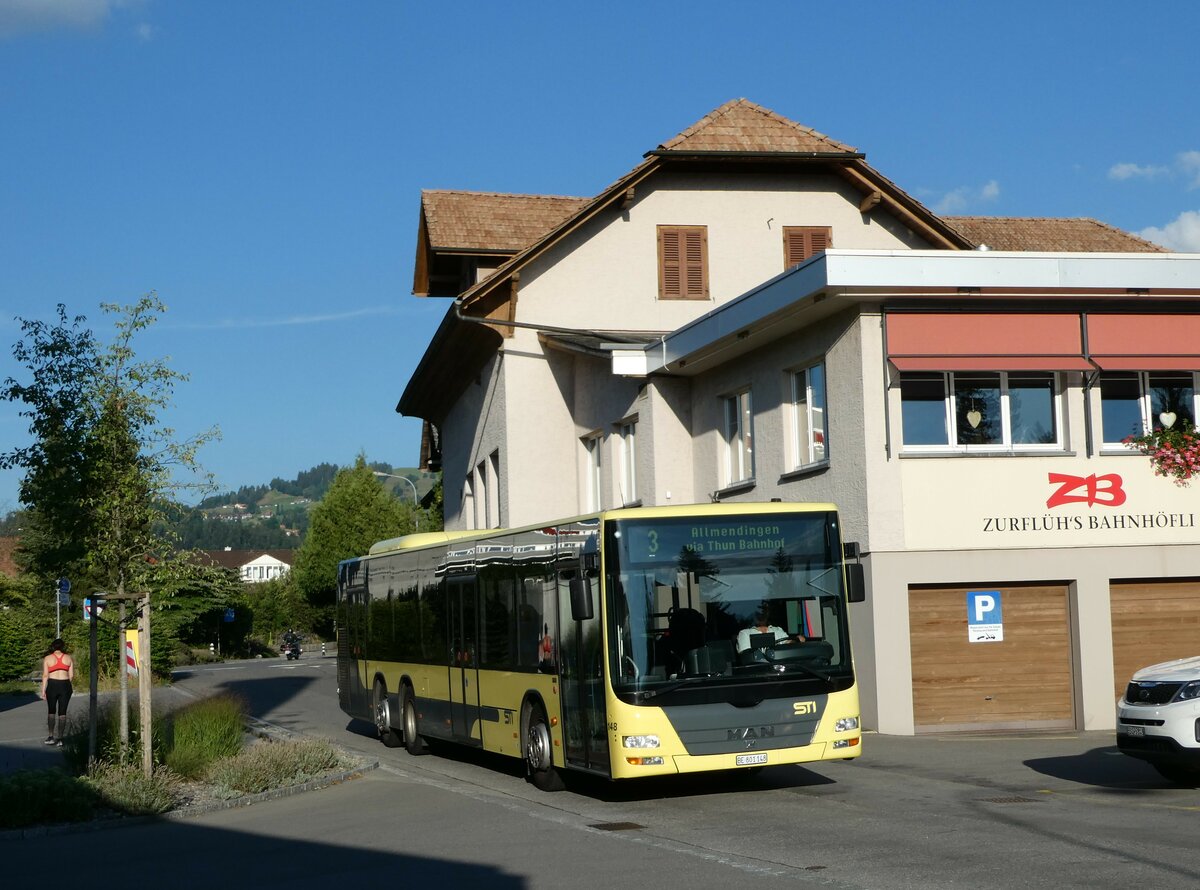 (238'957) - STI Thun - Nr. 148/BE 801'148 - MAN am 8. August 2022 in Steffisburg, Zurflh's Bahnhfli