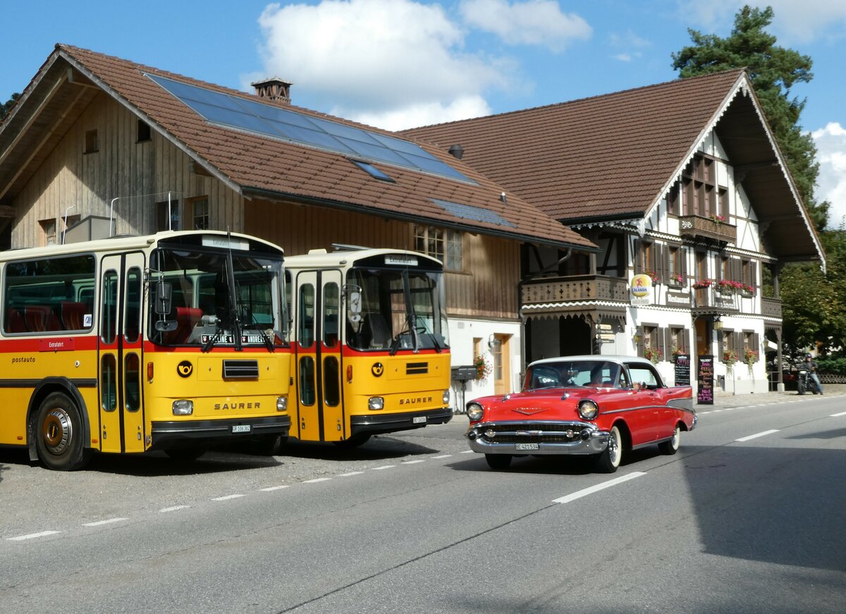 (239'876) - Ackermann, Landquart - GR 106'362 - Saurer/R&J (ex Fssler, Unteriberg; ex Schrch, Gutenburg Nr. 6; ex P 24'358) am 28. August 2022 in Schwarzenegg, Restaurant Kreuz (Teilaufnahme)