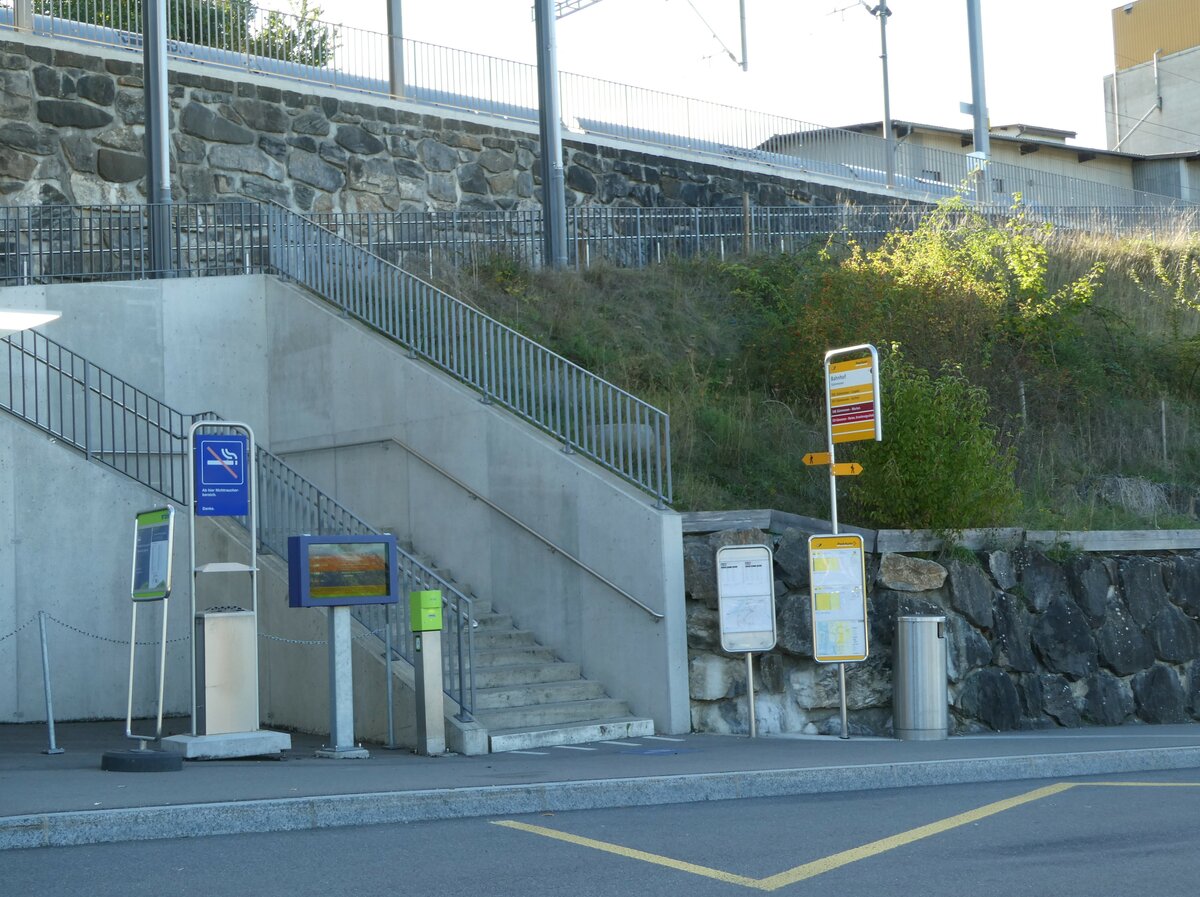 (240'065) - PostAuto/TPF-Haltestelle am 11. September 2022 beim Bahnhof Gmmenen