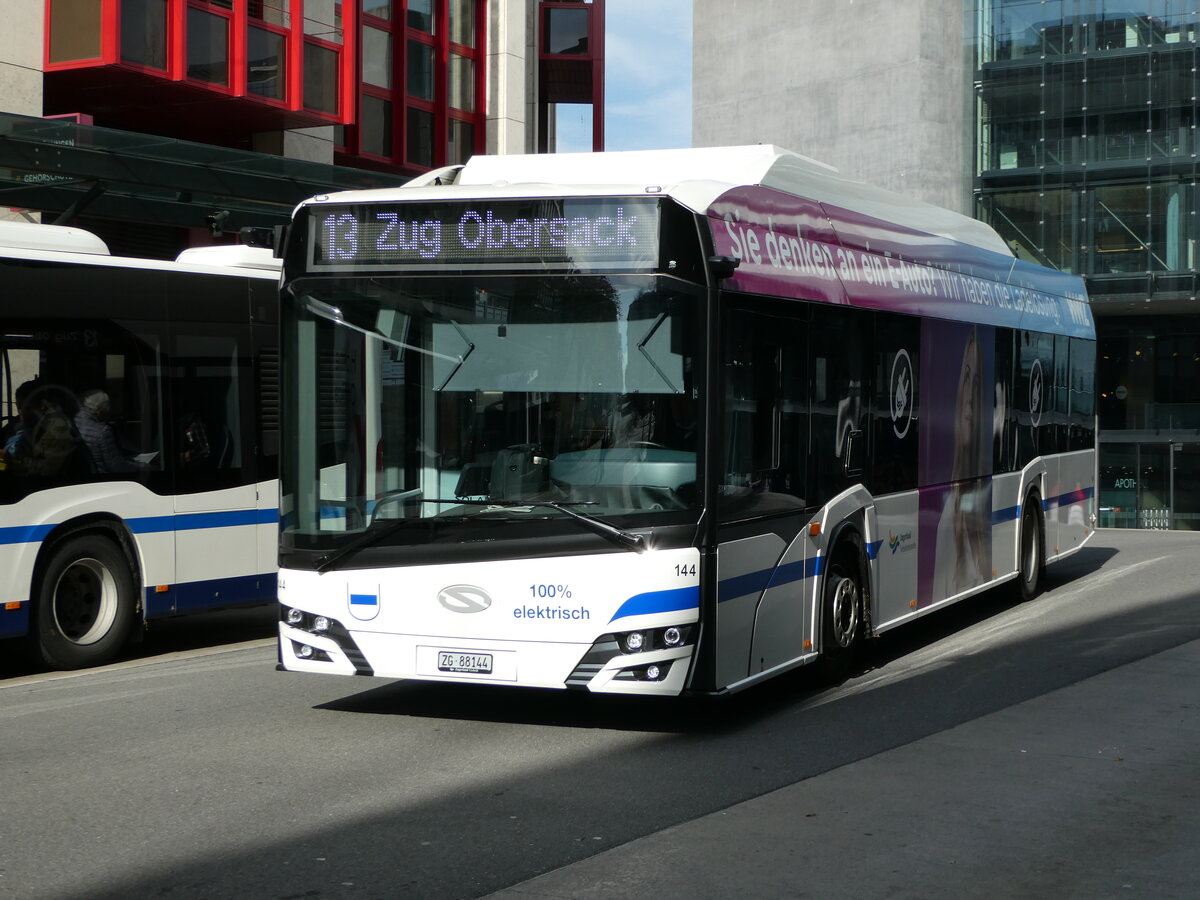 (242'029) - ZVB Zug - Nr. 144/ZG 88'144 - Solaris am 31. Oktober 2022 beim Bahnhof Zug