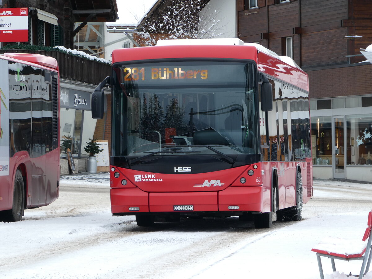 (243'840) - AFA Adelboden - Nr. 56/BE 611'030 - Scania/Hess am 13. Dezember 2022 beim Bahnhof Lenk