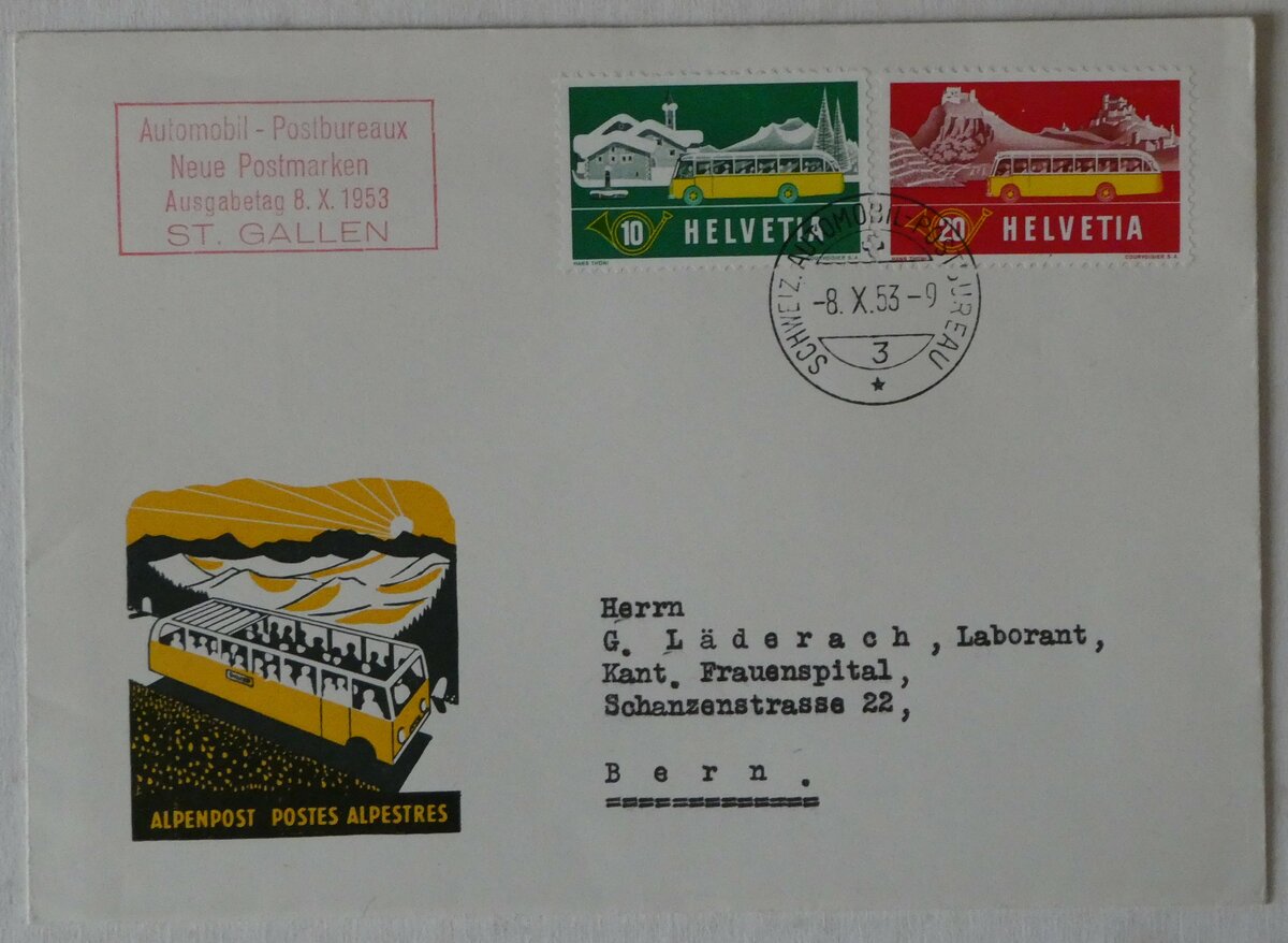 (244'219) - PTT-Briefumschlag vom 8. Oktober 1953 am 27. Dezember 2022 in Thun