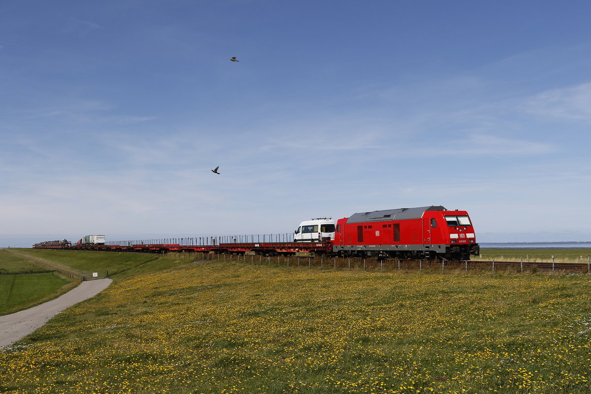 245 023 mit einem gering beladenen  Sylt-Shuttle  am 14. August 2017 auf dem Hindenburgdamm.