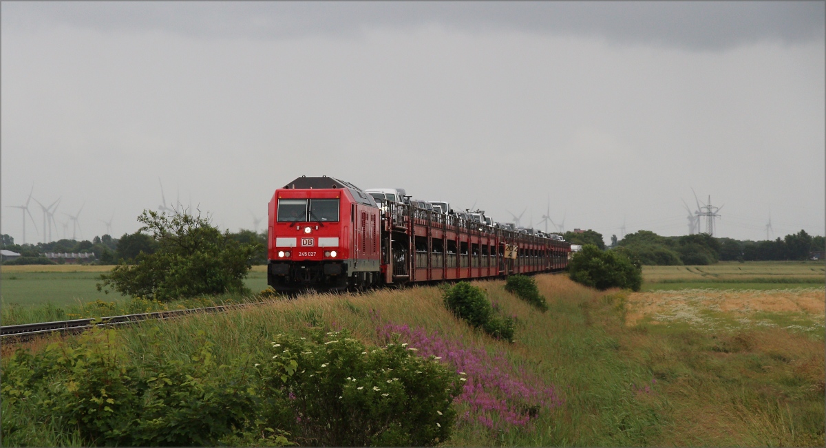 245 027 mit Syltshuttle in Richtung Westerland am 28.06.20 am Bü Triangel in der Nähe von Niebüll