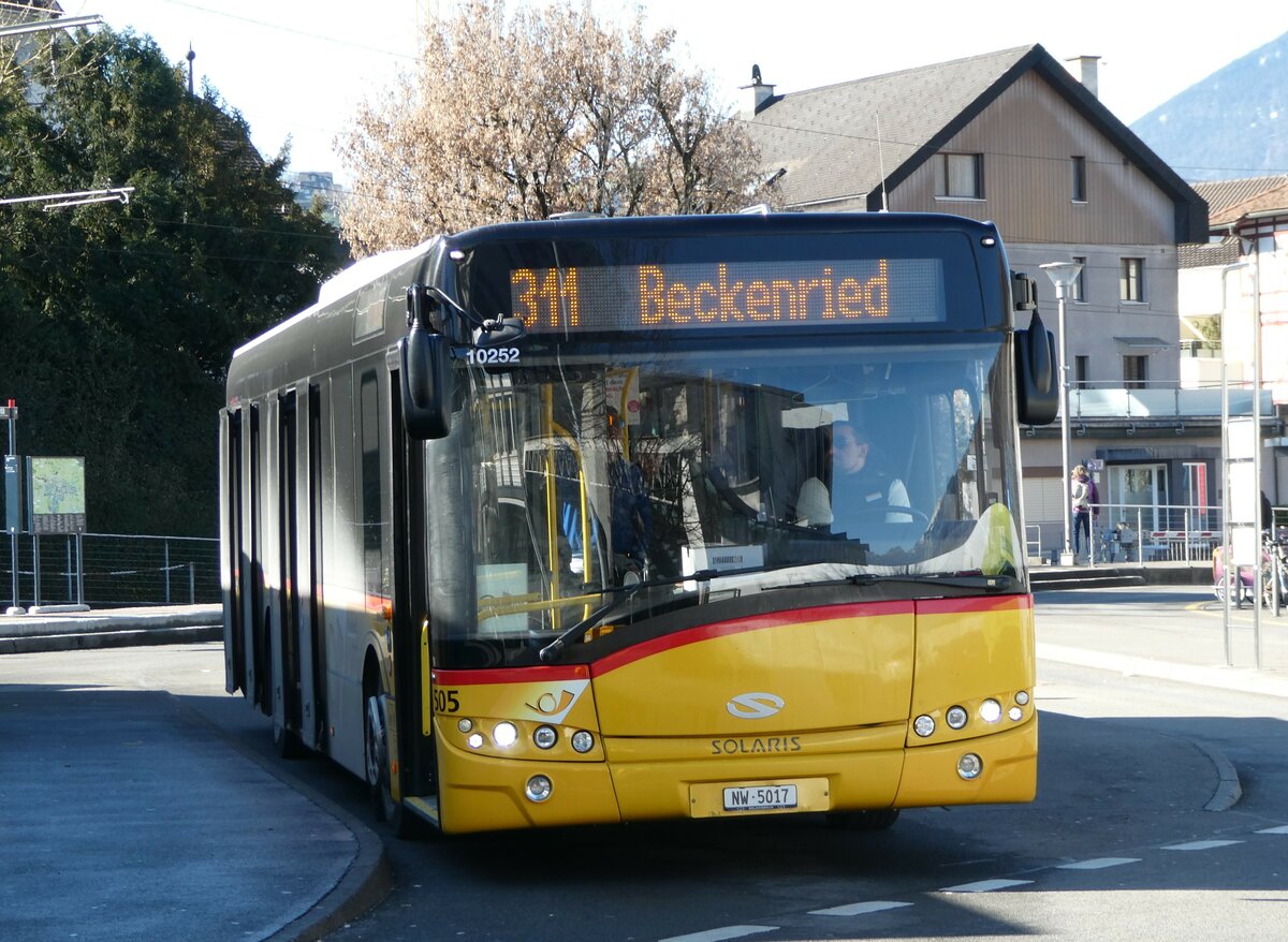 (246'157) - PostAuto Zentralschweiz - Nr. 505/NW 5017/PID 10'252 - Solaris (ex Nr. 55; ex Thepra, Stans Nr. 25) am 16. Februar 2023 beim Bahnhof Stans