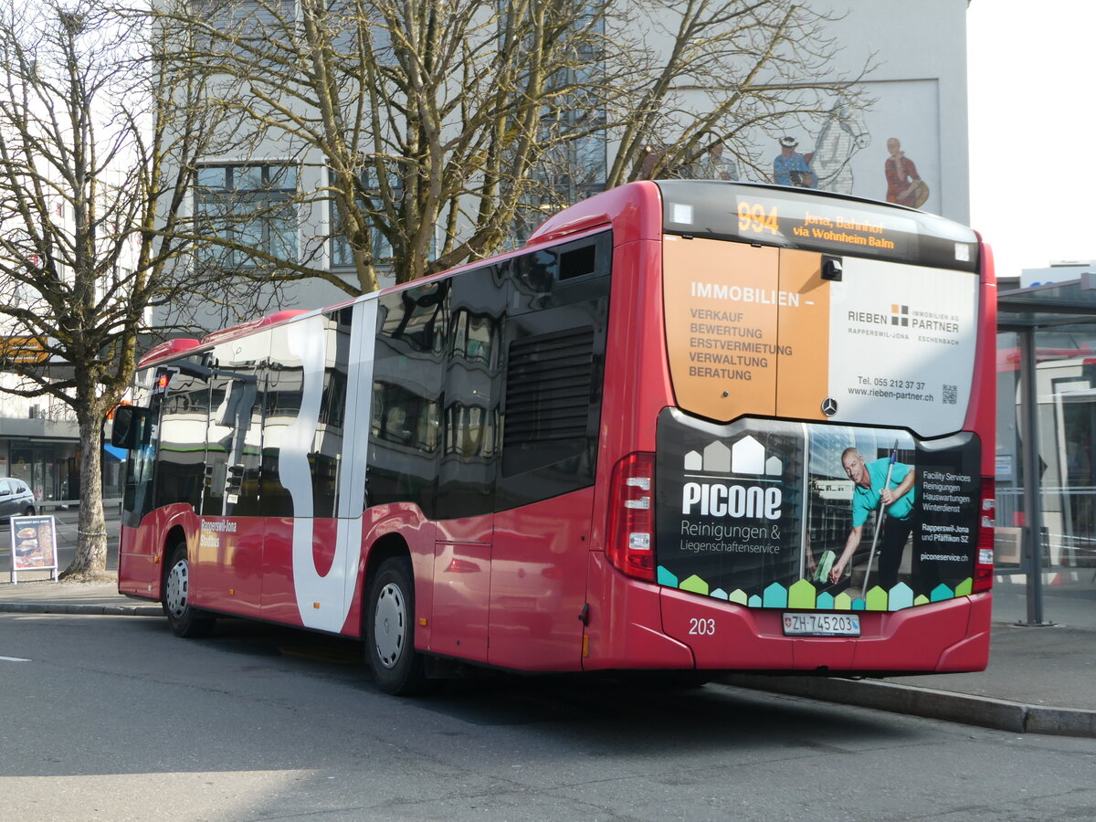 (246'830) - VZO Grningen - Nr. 203/ZH 745'203 - Mercedes am 4. Mrz 2023 beim Bahnhof Rapperswil