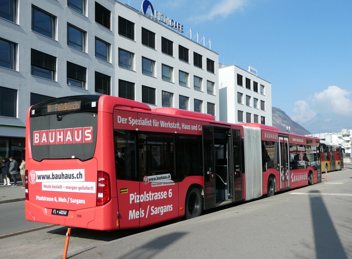 (246'870) - Aus Liechtenstein: BOS PS Anstalt, Vaduz - Nr. 598/FL 40'240 - Mercedes (ex PLA Vaduz Nr. 56/PID 11'222; ex PLA Vaduz Nr. 58) am 4. März 2023 beim Bahnhof Sargans 