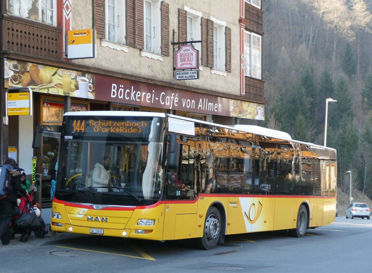 (246'908) - PostAuto Zentralschweiz - Nr. 2/OW 10'602/PID 10'590 - MAN (ex Dillier, Sarnen Nr. 2) am 5. März 2023 in Stechelberg, Hotel