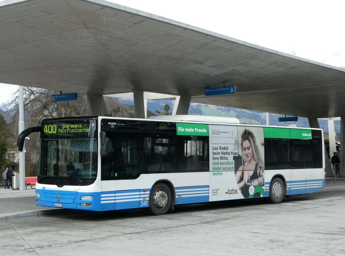 (247'024) - BSW Sargans - Nr. 341/SG 297'514 - MAN am 9. März 2023 beim Bahnhof Buchs