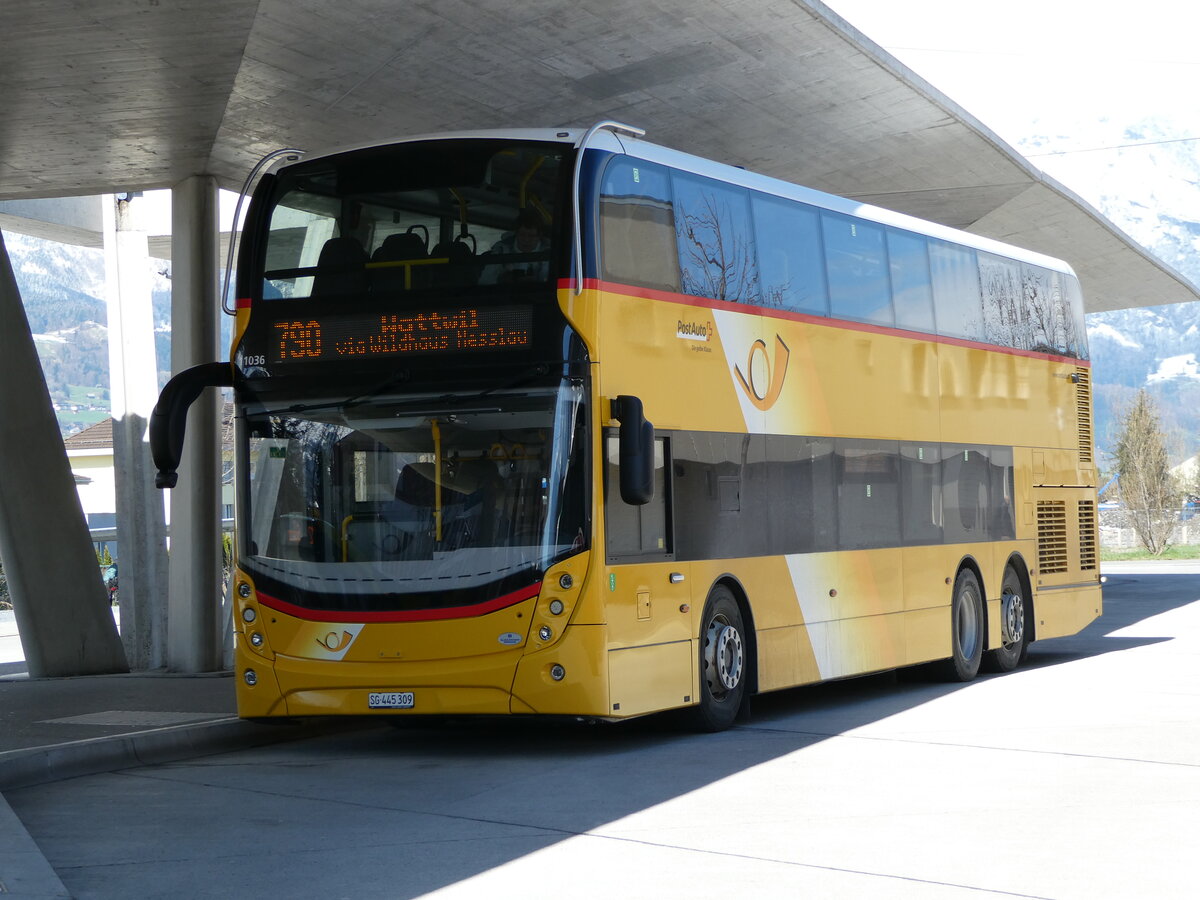 (247'787) - PostAuto Ostschweiz - SG 445'309/PID 11'036 - Alexander Dennis (ex CarPostal Ouest NE 154'830; ex PostAuto Ostschweiz SG 445'309) am 28. Mrz 2023 beim Bahnhof Buchs