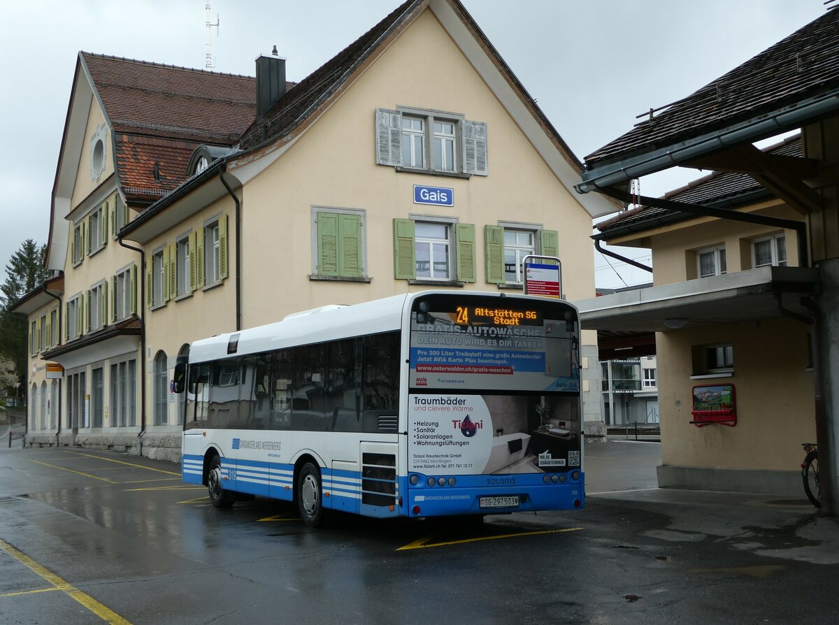 (249'108) - BSW Sargans - Nr. 319/SG 297'503 - Solaris am 25. April 2023 beim Bahnhof Gais