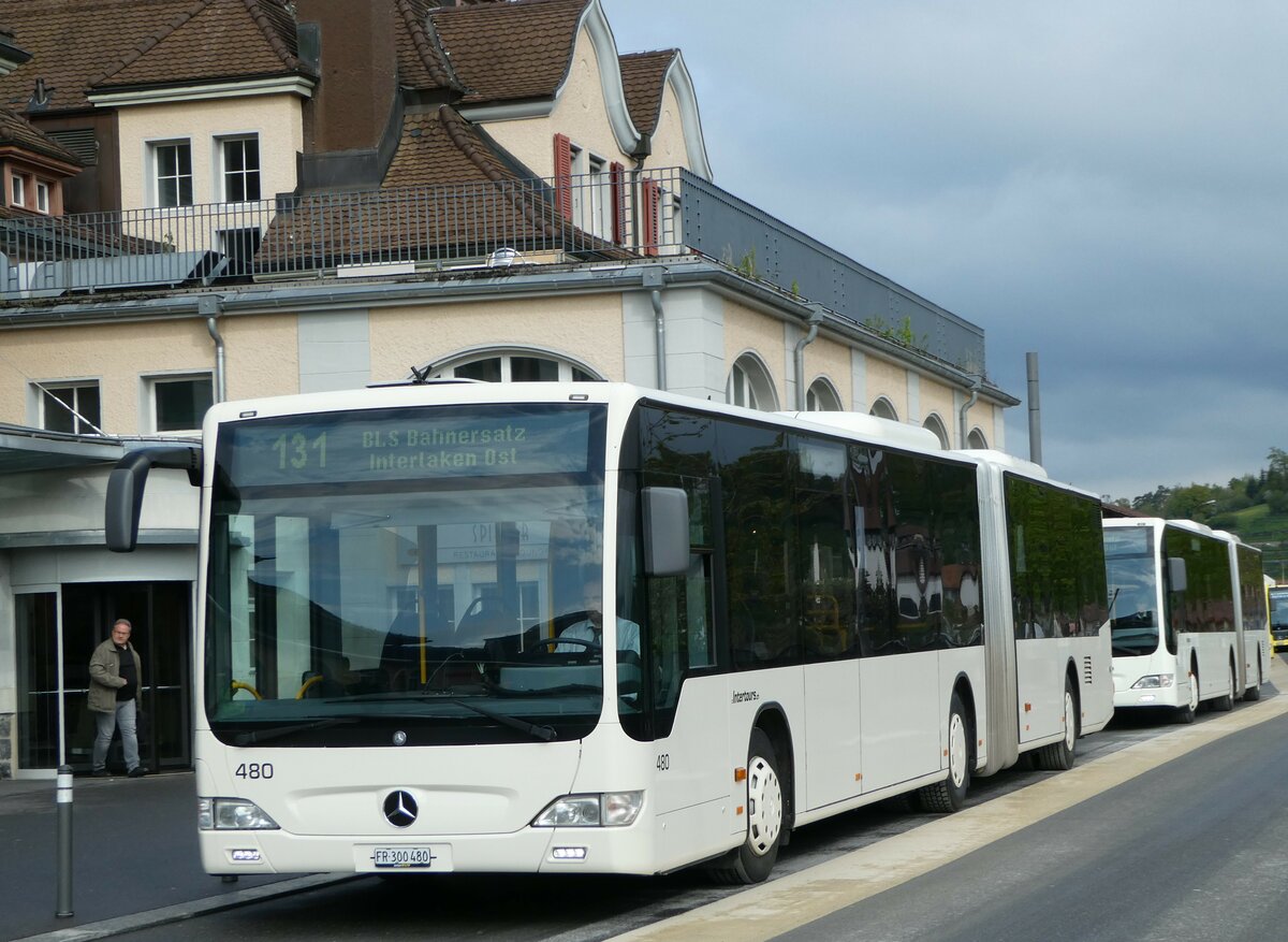 (249'352) - Intertours, Domdidier - Nr. 480/FR 300'480 - Mercedes (ex Nr. 210; ex STI Thun Nr. 134) am 2. Mai 2023 beim Bahnhof Spiez