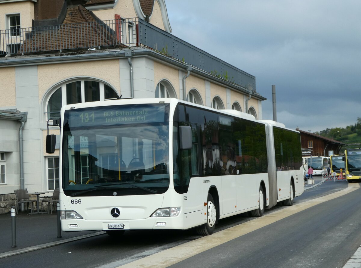 (249'353) - Intertours, Domdidier - Nr. 666/FR 300'666 - Mercedes (ex STI Thun Nr. 136) am 2. Mai 2023 beim Bahnhof Spiez 