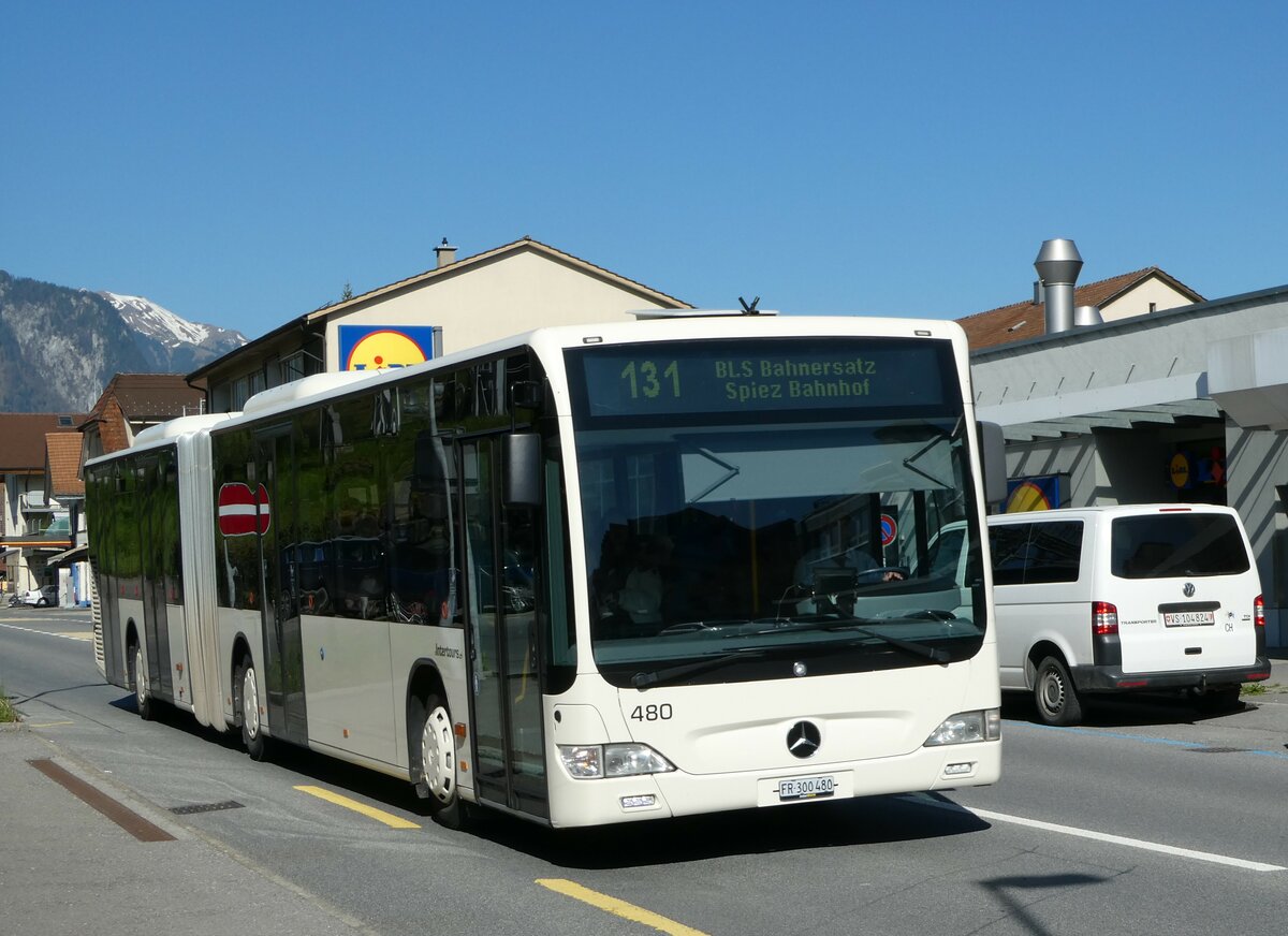 (249'463) - Intertours, Domdidier - Nr. 480/FR 300'480 - Mercedes (ex Nr. 210; EXTI Thun Nr. 134) am 3. Mai 2023 in Spiez, Ltschbergplatz