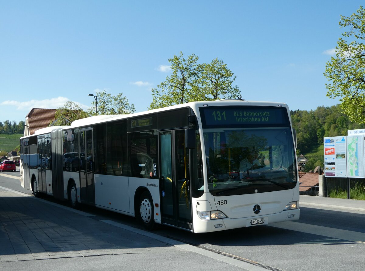 (249'498) - Intertours, Domdidier - Nr. 480/FR 300'480 - Mercedes (ex Nr. 210; ex STI Thun Nr. 134) am 3. Mai 2023 beim Bahnhof Spiez