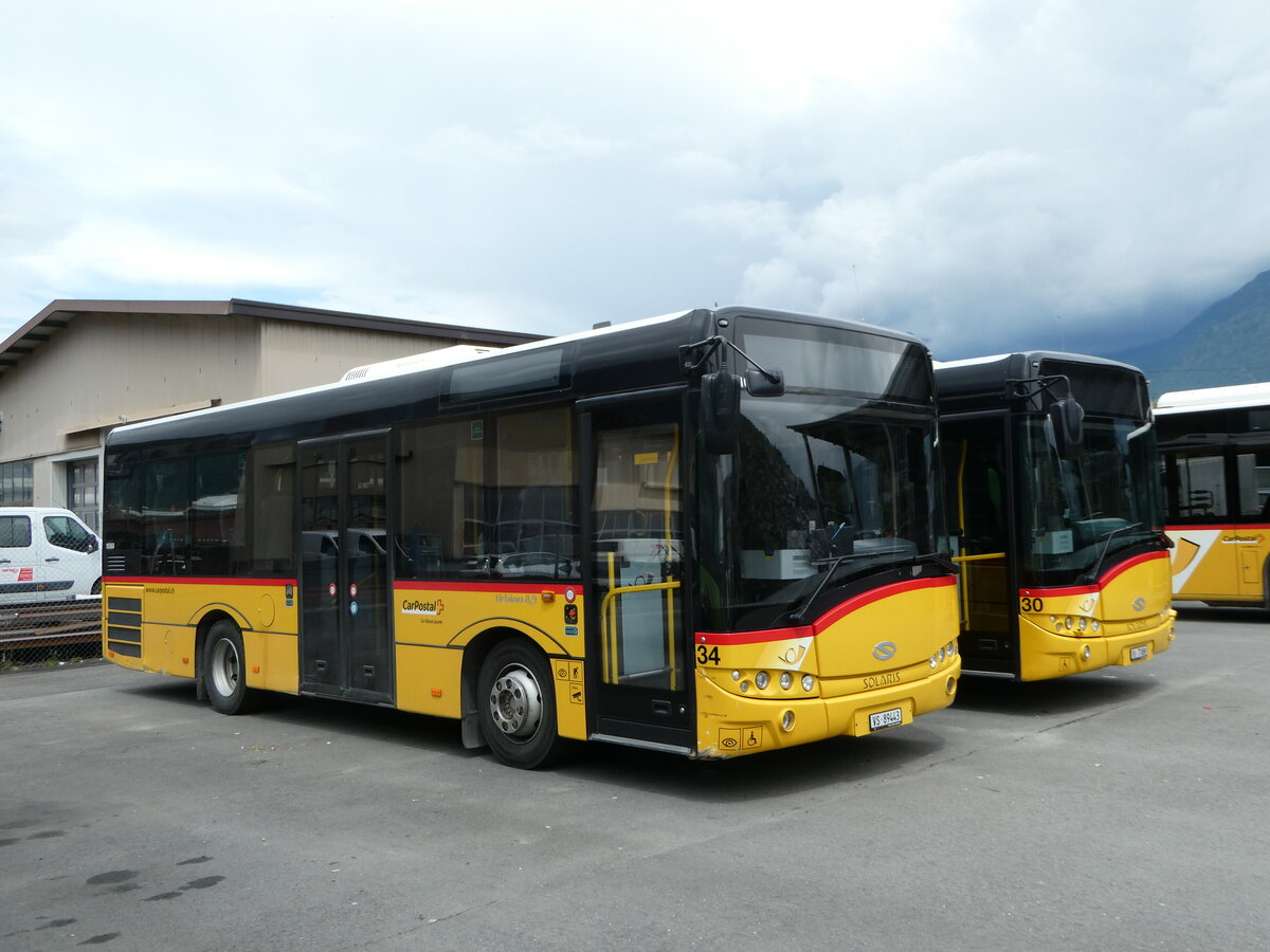 (249'987) - MOB Montreux - Nr. 34/VS 89'443/PID 10'360 - Solaris (ex CarPostal Ouest) am 13. Mai 2023 in Collombey, Garage TPC