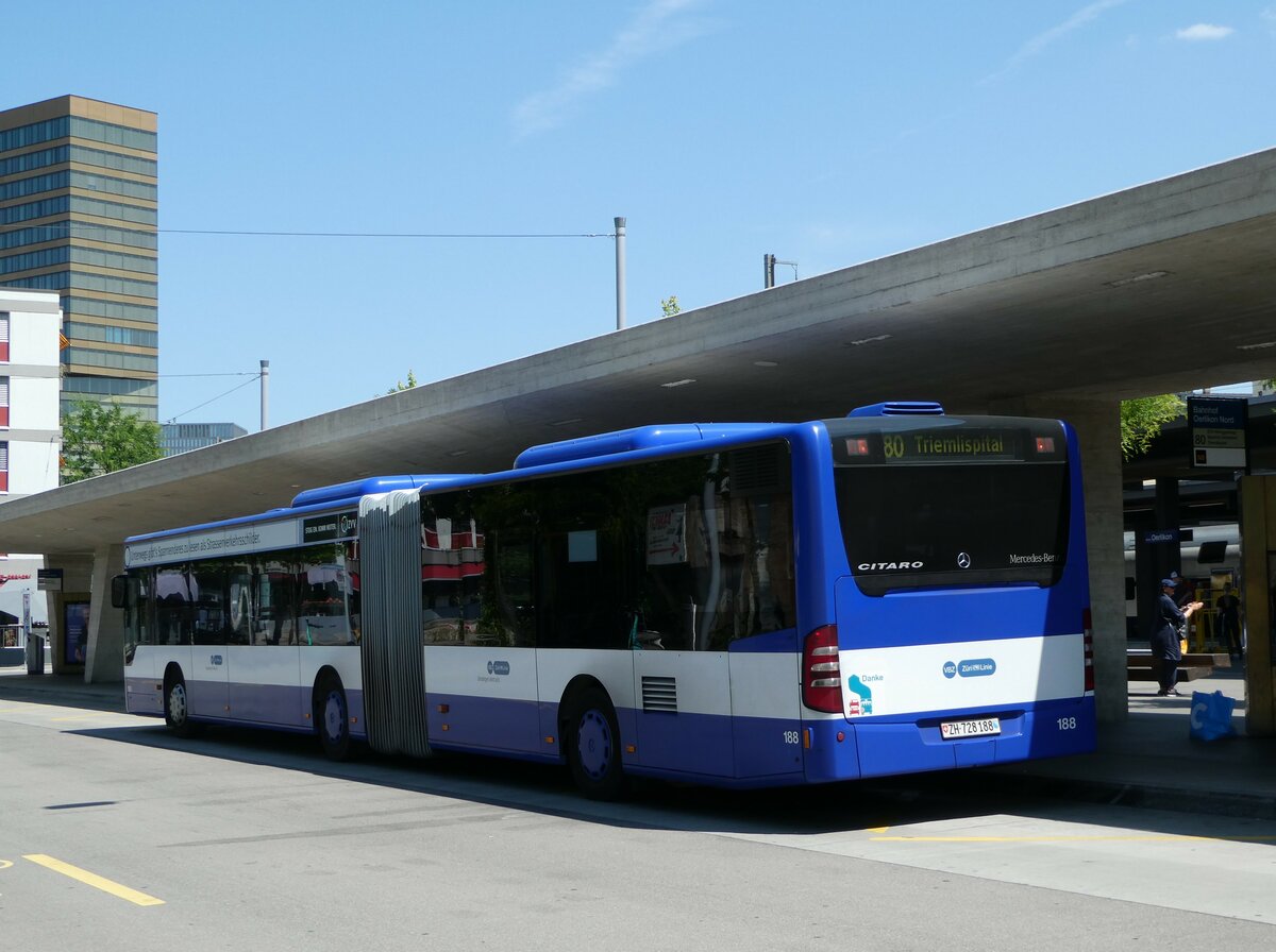 (251'481) - VBZ Zrich - Nr. 188/ZH 728'188 - Mercedes (ex VZO Grningen Nr. 110) am 13. Juni 2023 beim Bahnhof Zrich Oerlikon