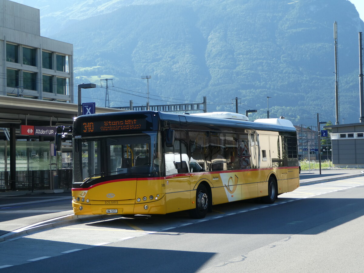 (252'679) - PostAuto Zentralschweiz - Nr. 505/NW 5017/PID 10'252 - Solaris (ex Nr. 55; ex Thepra, Stans Nr. 25) am 15. Juli 2023 beim Bahnhof Altdorf