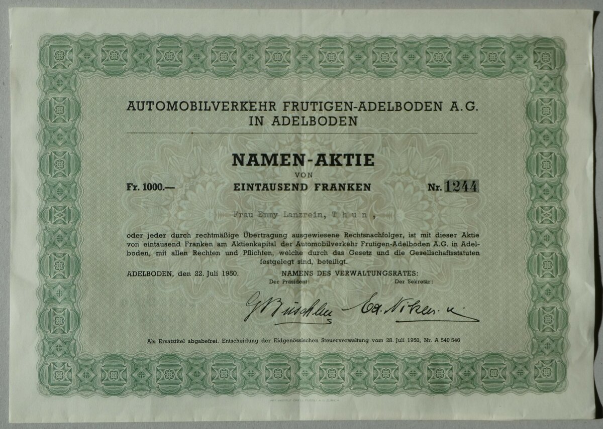 (253'377) - AFA-Aktie Fr. 1000.- vom 22. Juli 1950 am 4. August 2023 in Thun