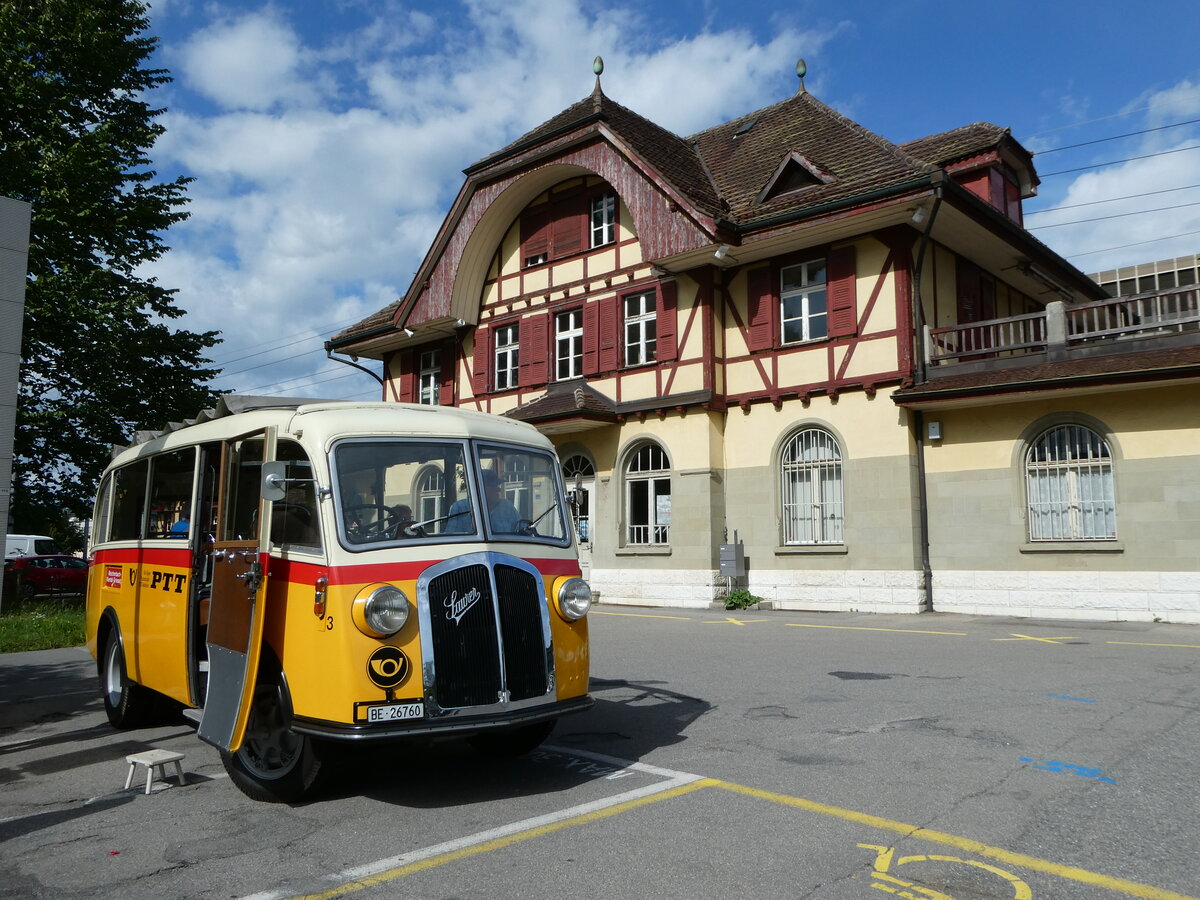 (253'577) - Schmid, Thrishaus - Nr. 3/BE 26'760 - Saurer/Gangloff (ex Geiger, Adelboden Nr. 3) am 9. August 2023 beim Bahnhof Ostermundigen