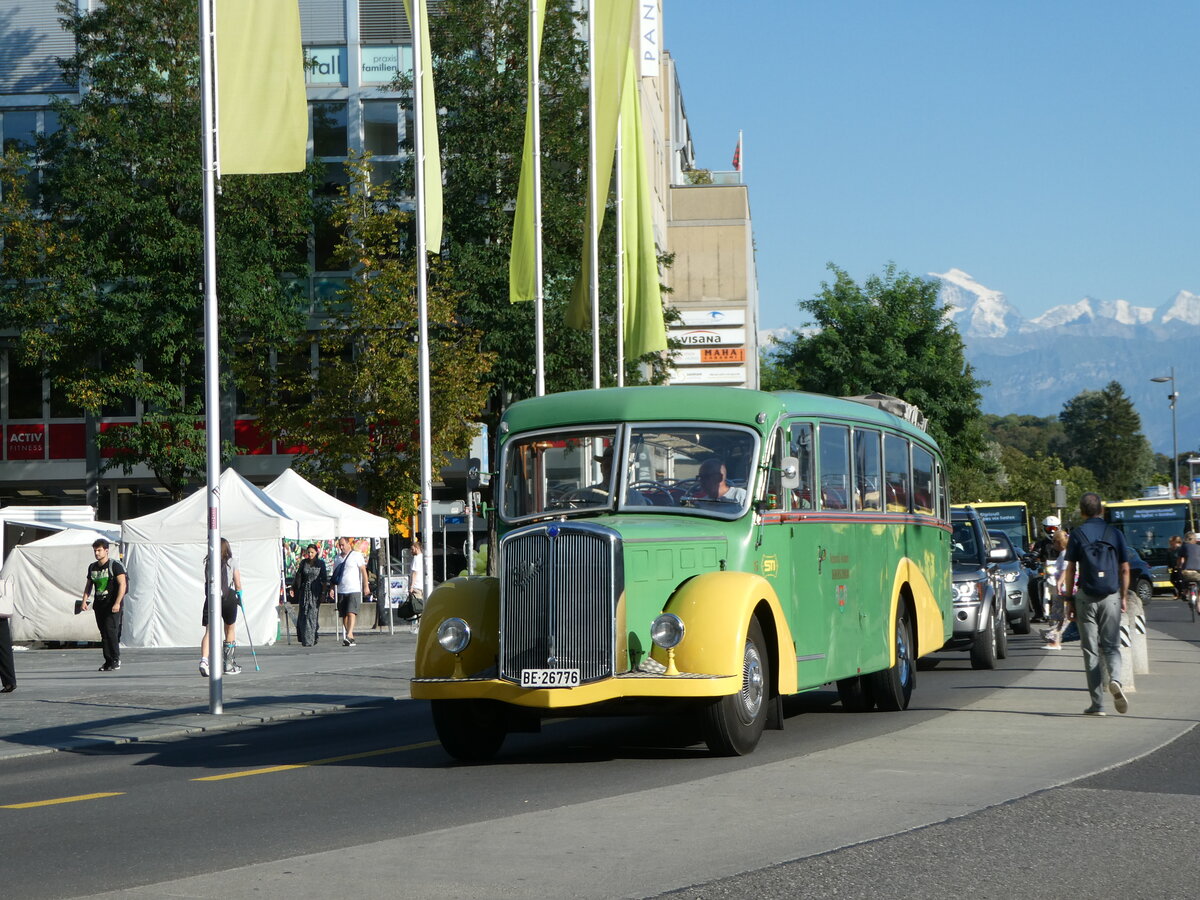 (254'826) - STI Thun - Nr. 15/BE 26'776 - Saurer/Gangloff (ex AvH Heimenschwand Nr. 5) am 5. September 2023 beim Bahnhof Thun