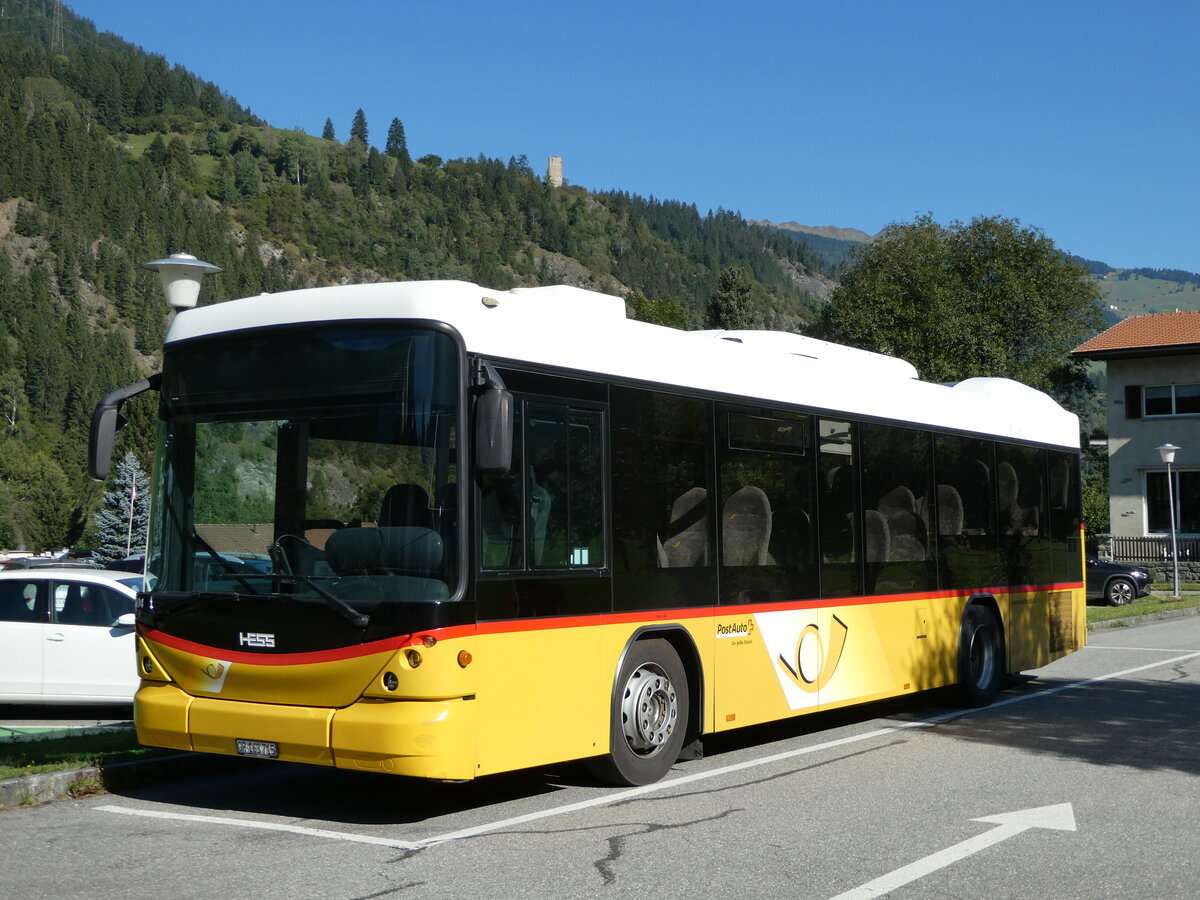 (254'858) - Gaudenz, Andeer - GR 163'715/PID 4804 - Scania/Hess (ex Stutz, Jonen; ex PostAuto Bern; ex AVG Meiringen Nr. 67; ex AVG Meiringen Nr. 76; ex Steiner, Messen) am 8. September 2023 in Andeer, Parkplatz