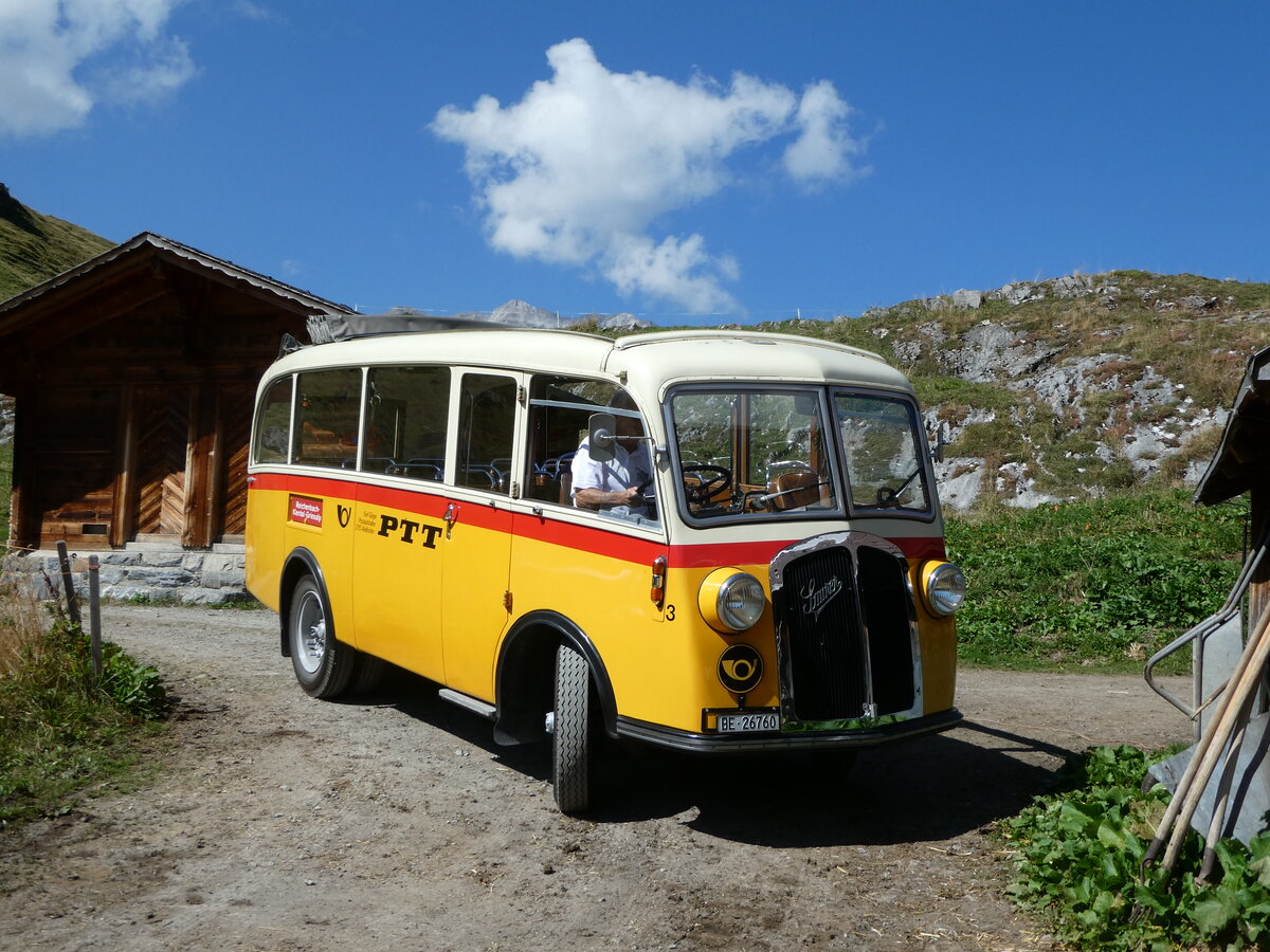 (255'081) - Schmid, Thrishaus - Nr. 3/BE 26'760 - Saurer/Gangloff (ex Geiger, Adelboden Nr. 3) am 10. September 2023 auf der Bundalp