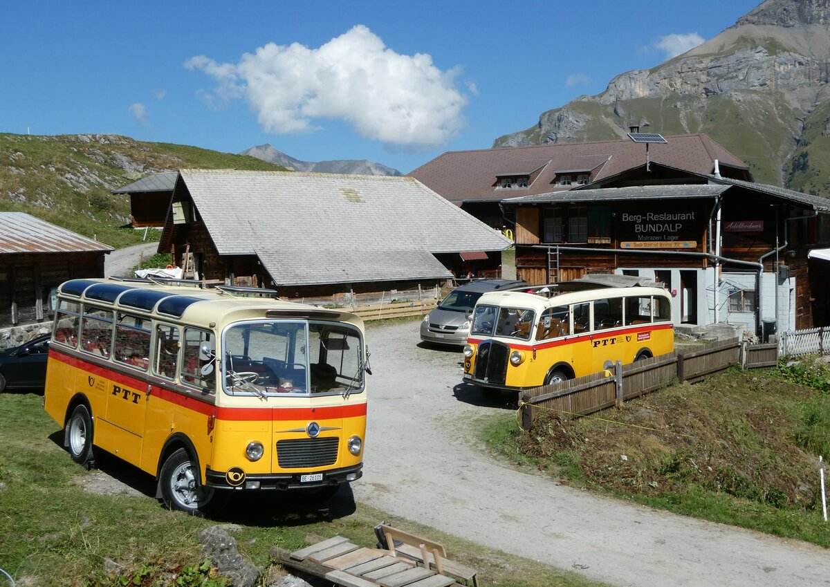 (255'105) - Schmid, Thrishaus - Nr. 9/BE 26'105 - Saurer/R&J (ex Geiger, Adelboden Nr. 9) + Nr. 3/BE 26'760 - Saurer/Gangloff (ex Geiger, Adelboden Nr. 3) am 10. September 2023 auf der Bundalp