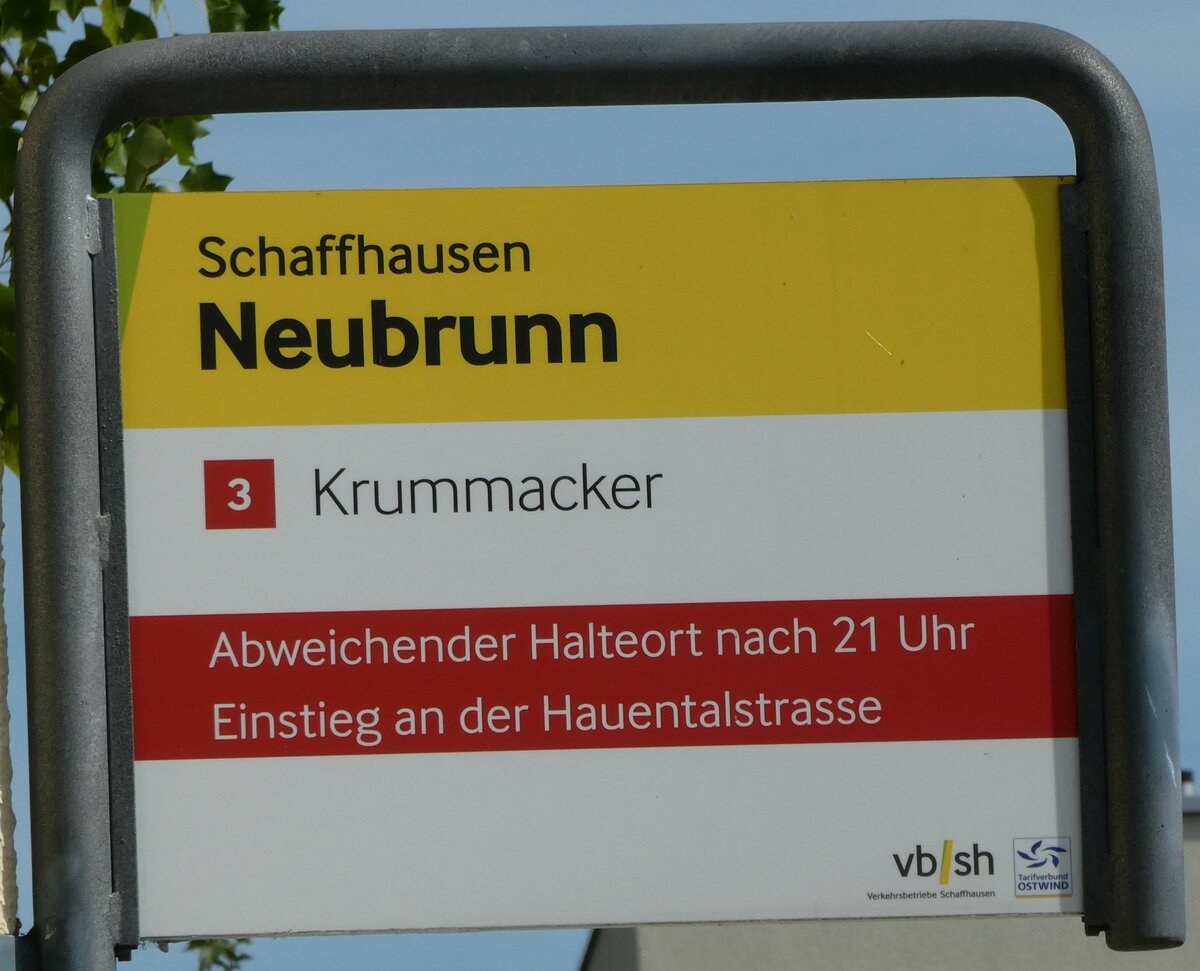 (255'305) - vb/sh-Haltestellenschild - Schaffhausen, Neubrunn - am 17. September 2023