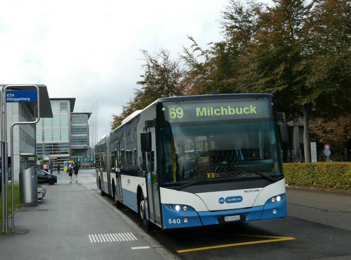 (256'218) - VBZ Zrich - Nr. 540/ZH 730'540 - Neoplan am 21. Oktober 2023 in Zrich, ETH Hnggerberg