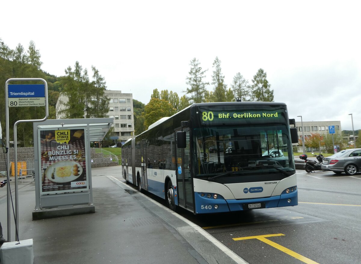 (256'230) - VBZ Zrich - Nr. 540/ZH 730'540 - Neoplan am 21. Oktober 2023 in Zrich, Triemlispital