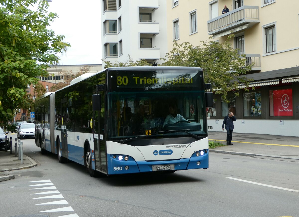 (256'287) - VBZ Zrich - Nr. 560/ZH 730'560 - Neoplan am 21. Oktober 2023 in Zrich, Lindenplatz