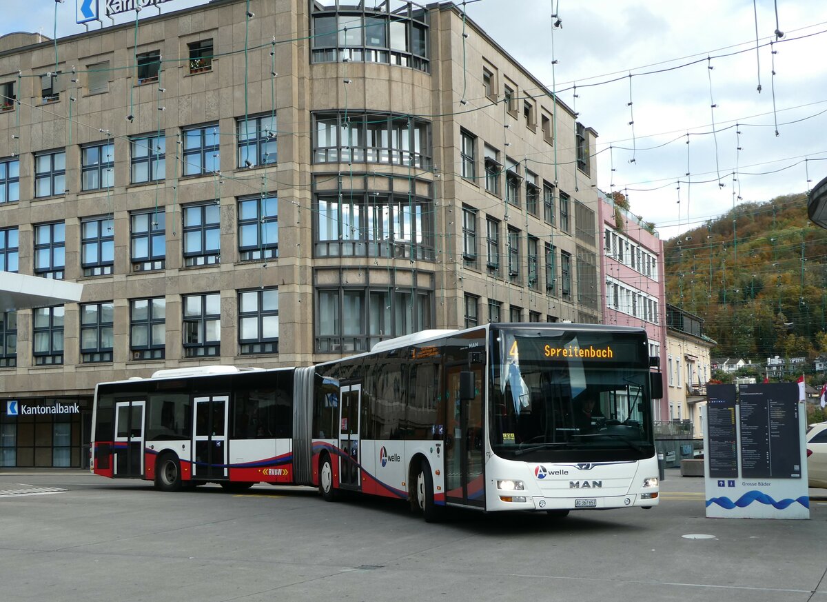 (256'763) - RVBW Wettingen - Nr. 173/AG 367'657 - MAN am 6. November 2023 beim Bahnhof Baden