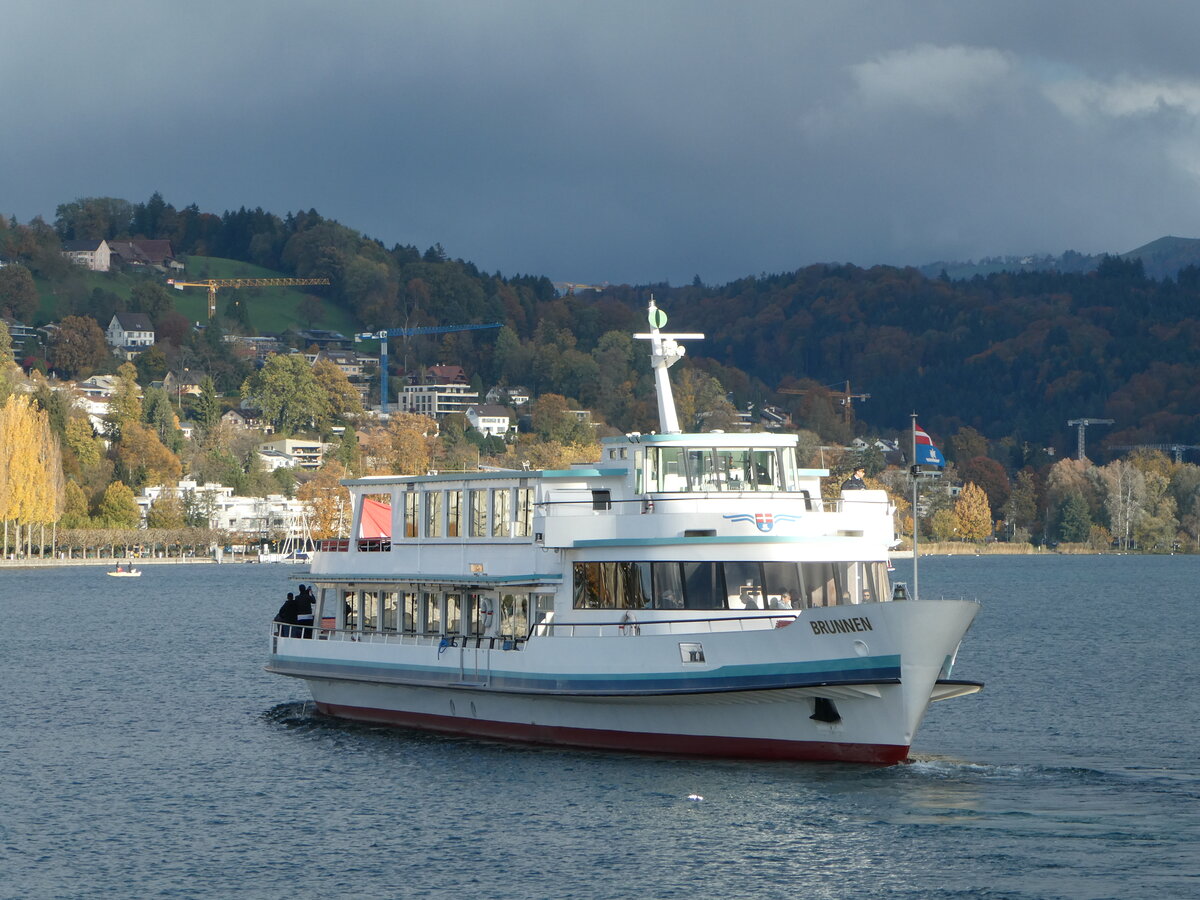 (256'908) - Motorschiff Brunnen am 10. November 2023 an der L�ndte beim Bahnhof Luzern
