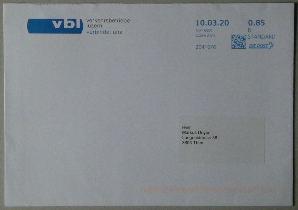 (256'976) - VBL-Briefumschlag vom 10. Mrz 2020 am 12. November 2023 in Thun