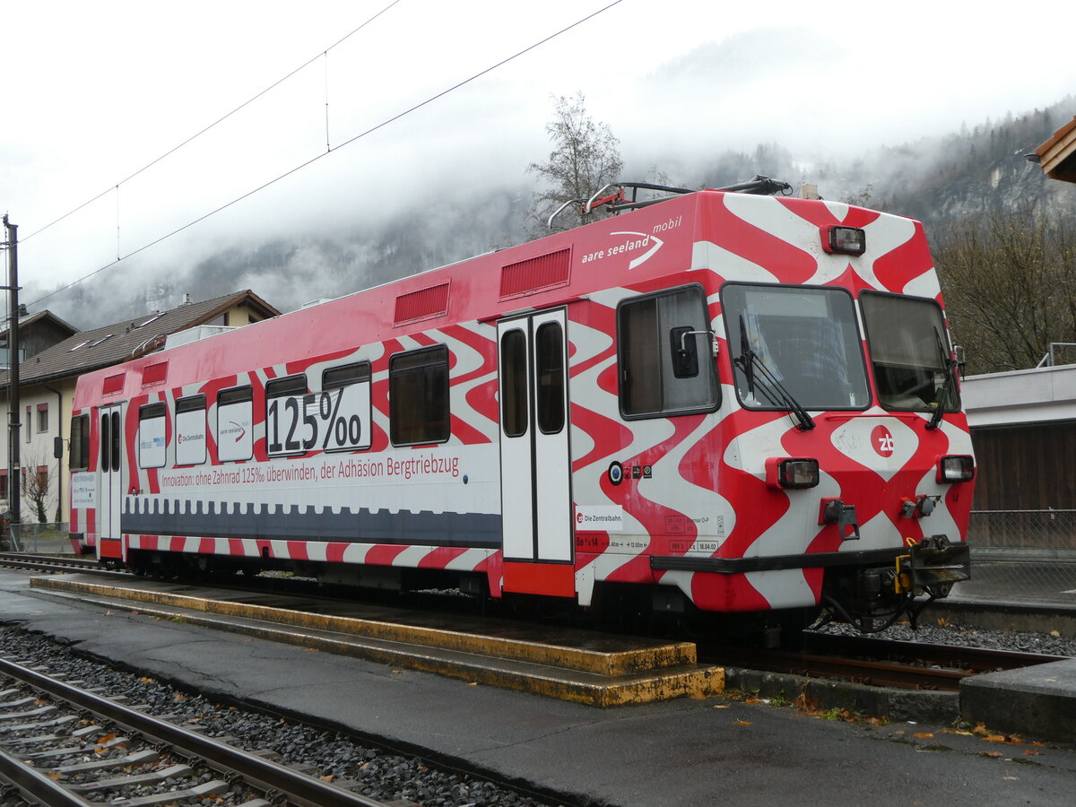 (257'336) - ZB-Triebwagen - Nr. 14 - (ex ASm) am 1. Dezember 2023 im Bahnhof Meiringen