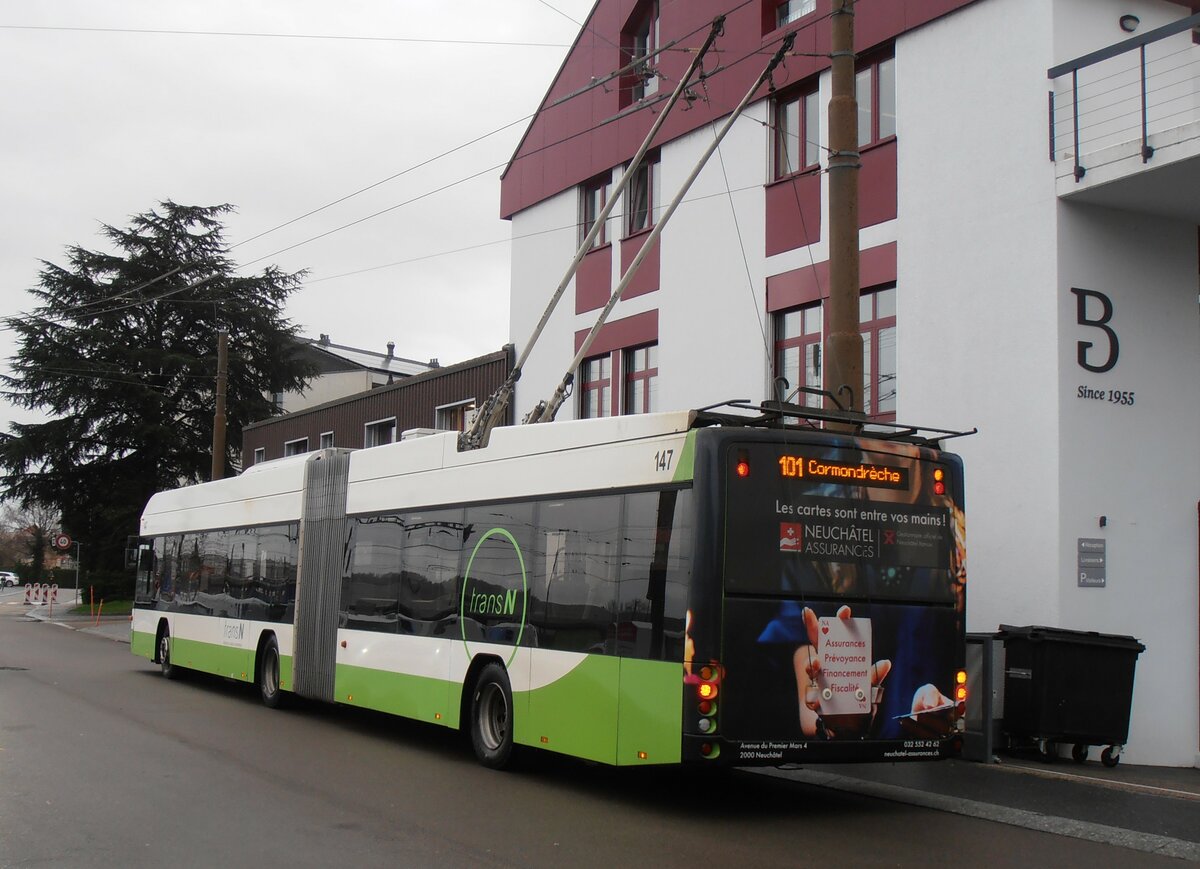 (257'574) - transN, La Chaux-de-Fonds - Nr. 147 - Hess/Hess Gelenktrolleybus (ex TN Neuchtel Nr. 147) am 11. Dezember 2023 beim Bahnhof Marin-pagnier