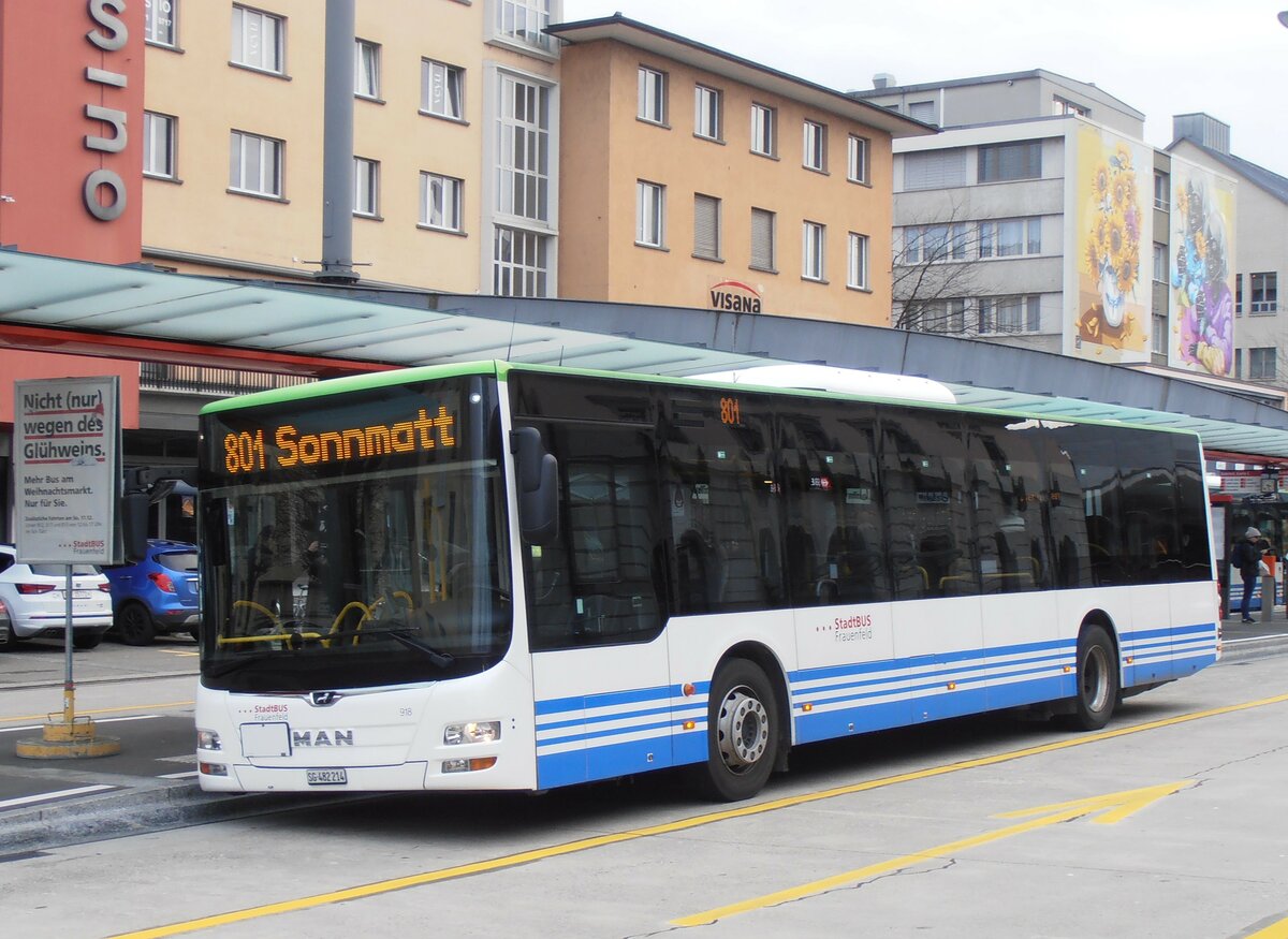 (257'663) - StadtBUS, Frauenfeld - Nr. 918/SG 482'214 - MAN (ex RTB Altsttten Nr. 918; ex PostBus/A BD 15'338) am 15. Dezember 2023 beim Bahnhof Frauenfeld