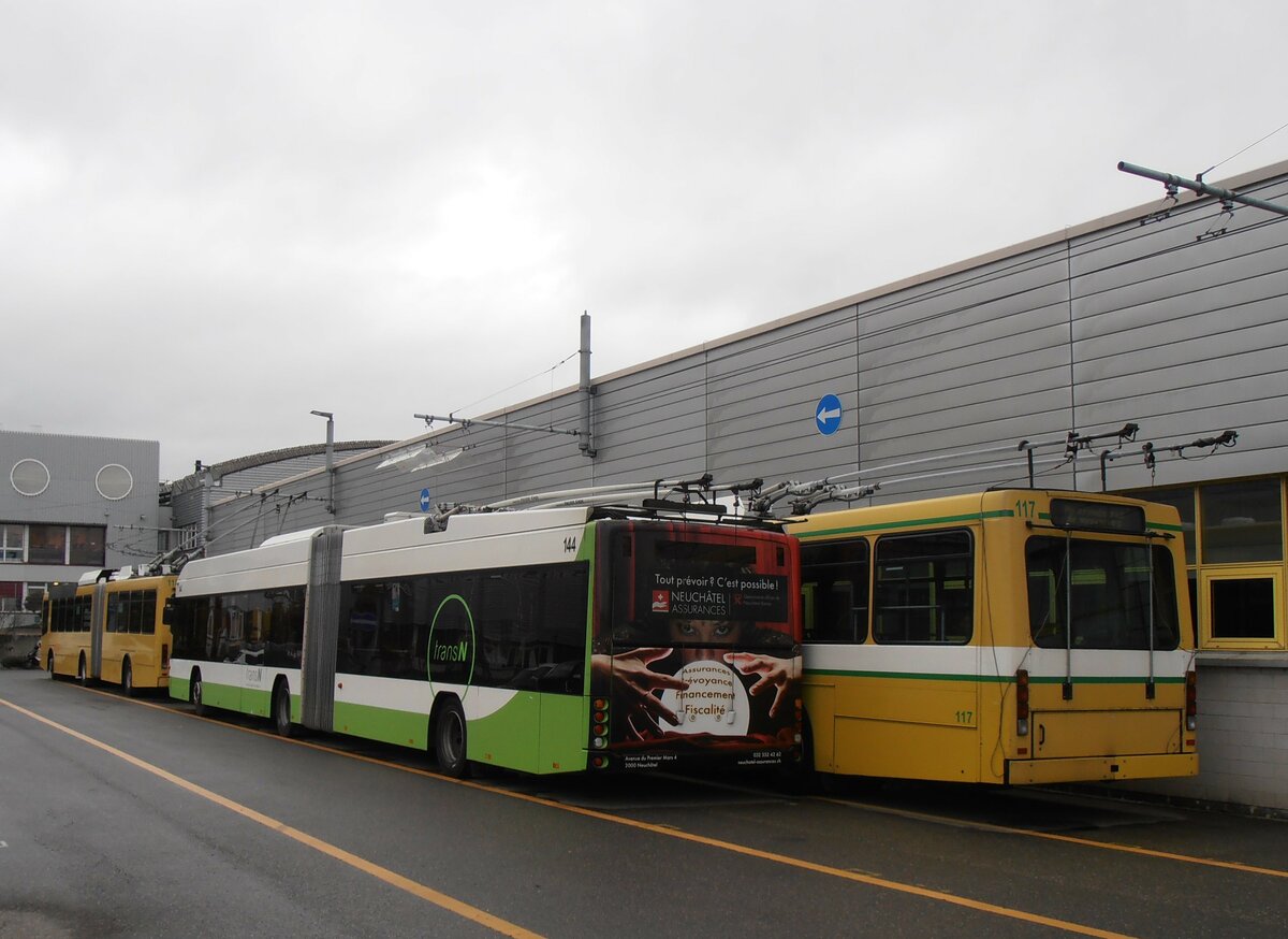 (257'738) - transN, La Chaux-de-Fonds - Nr. 144 - Hess/Hess Gelenktrolleybus (ex TN Neuchtel Nr. 144) am 21. Dezember 2023 in Marin, Dpt