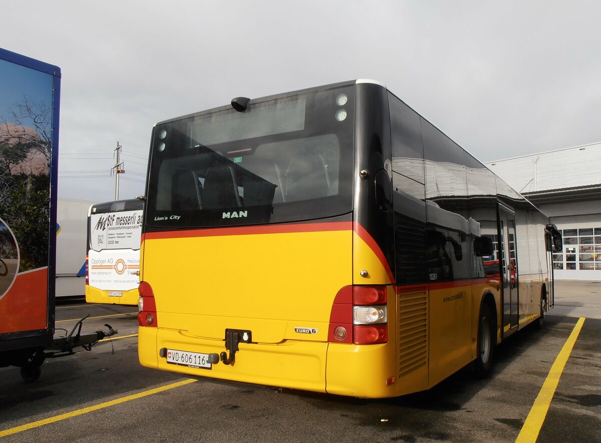 (258'085) - CarPostal Ouest - VD 606'116/PID 10'261 - MAN (ex JU 51'279; ex Nr. 13) am 1. Januar 2024 in Kerzers, Interbus