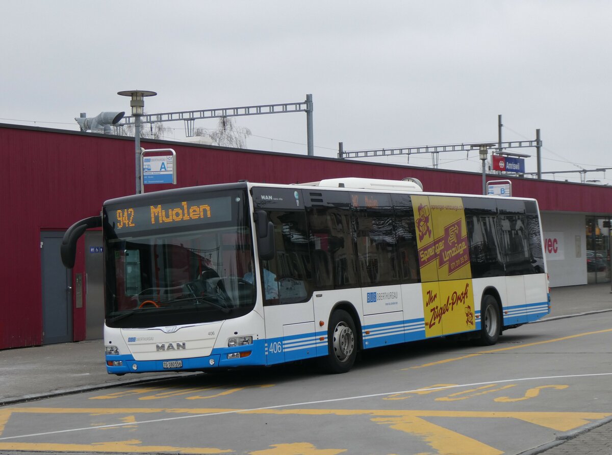 (258'518) - BOTG Amriswil - Nr. 406/TG 180'556 - MAN (ex Nr. 2) am 9. Januar 2024 beim Bahnhof Amriswil