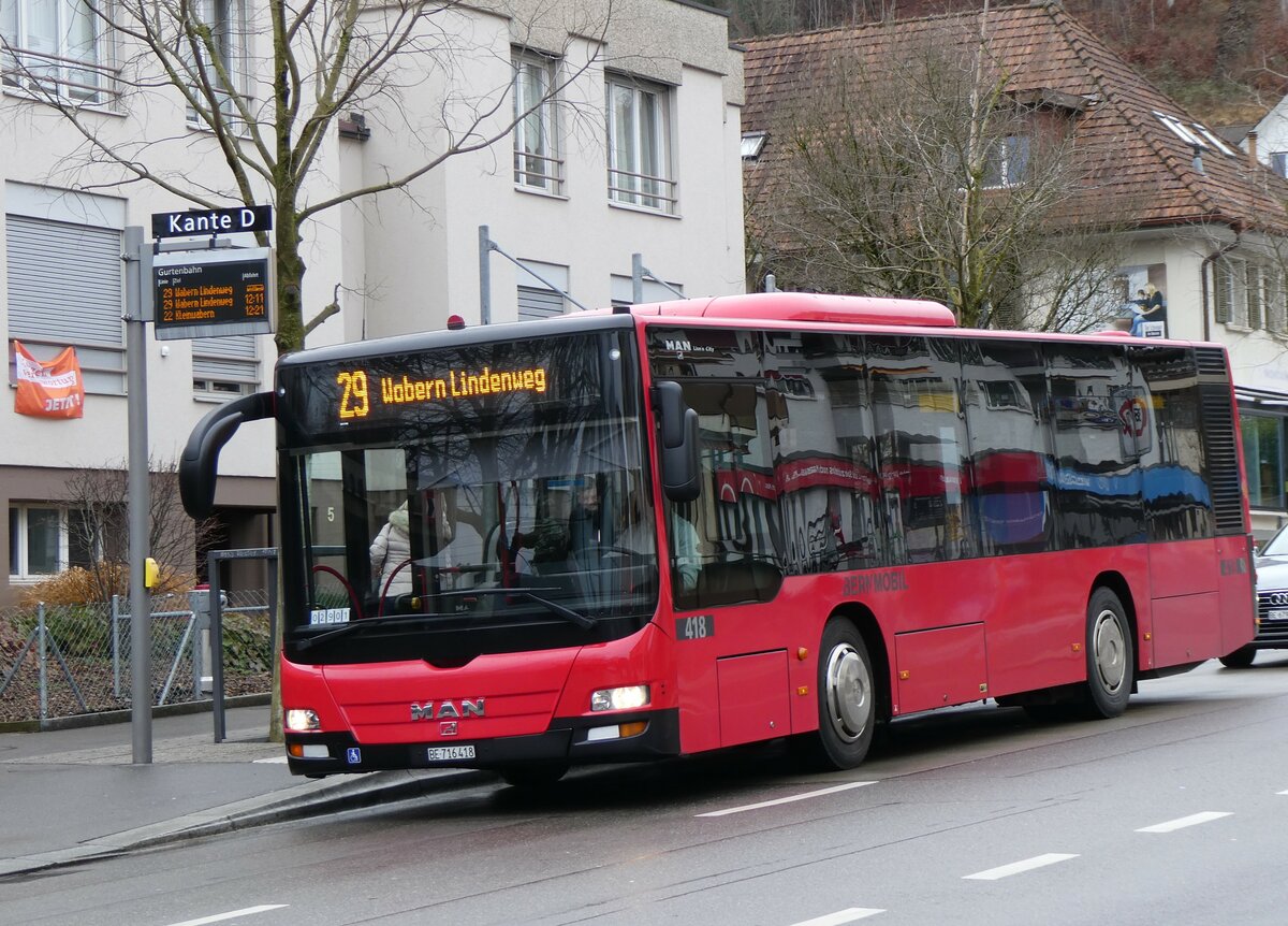 (259'220) - Bernmobil, Bern - Nr. 418/BE 716'418 - MAN am 8. Februar 2024 in Wabern, Gurtenbahn