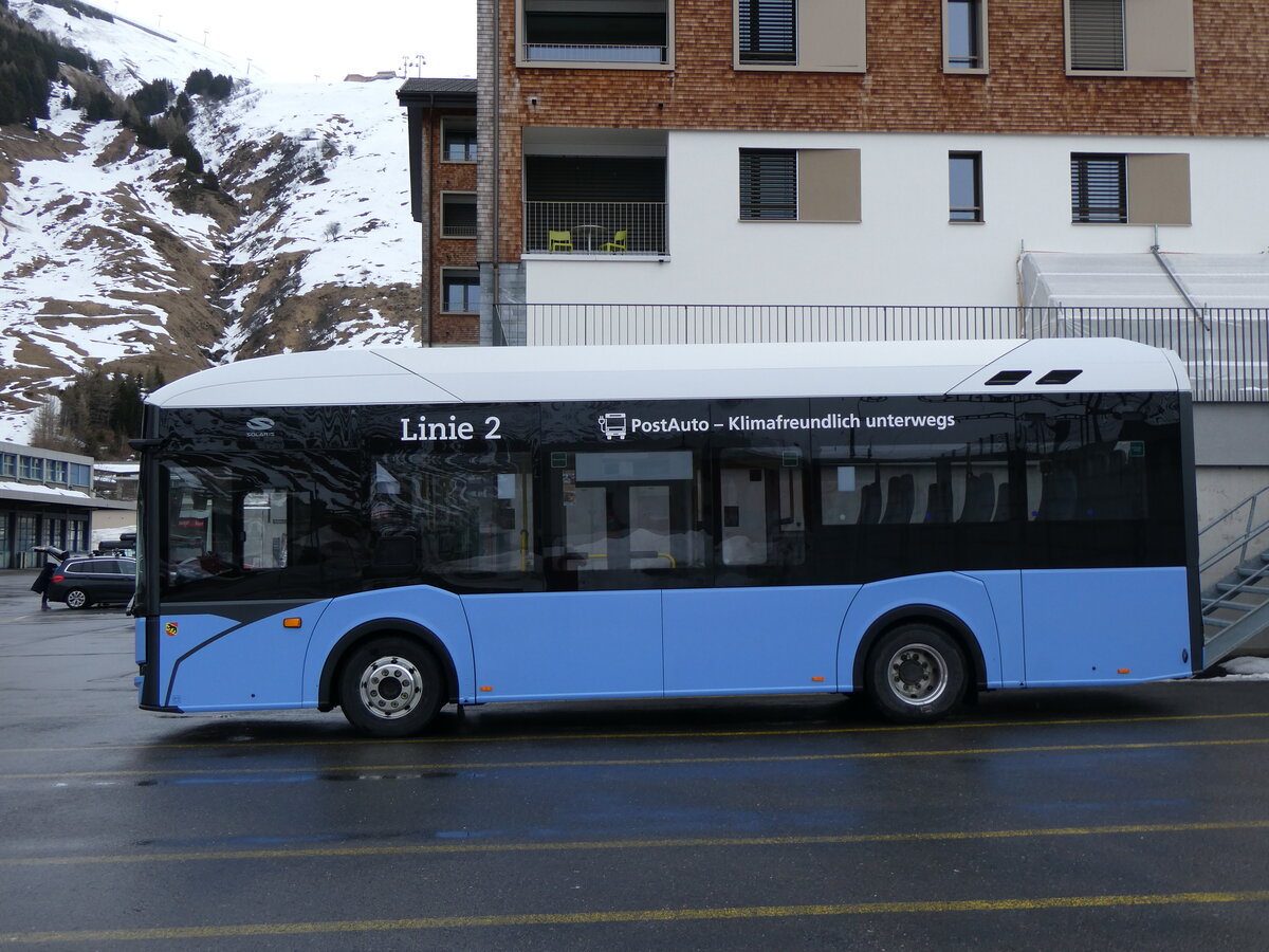 (259'259) - Mattli, Wassen - UR 9221/PID 11'795 - eSolaris (ex PostAuto Bern BE 90'275; ex PostAuto Bern BE 610'546) am 10. Februar 2024 in Andermatt, Bahnhofplatz