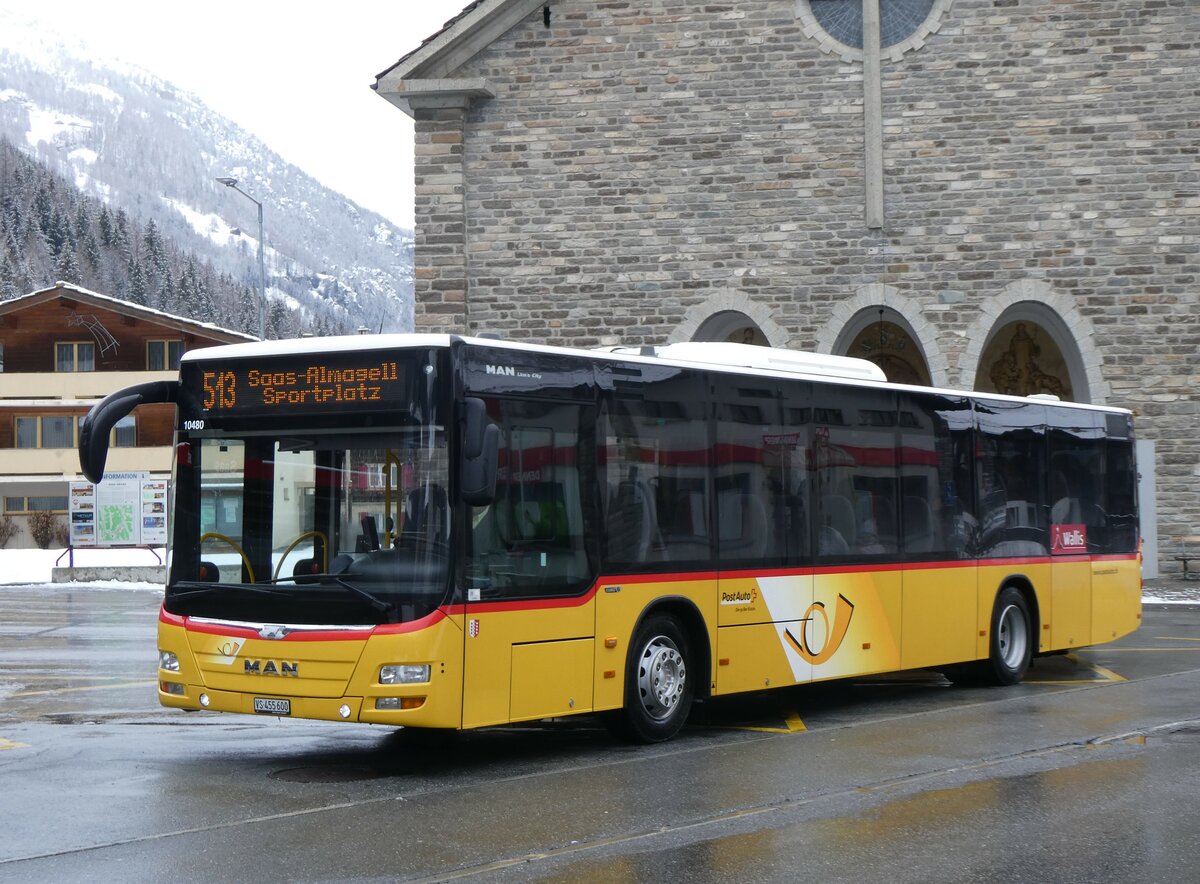 (259'737) - PostAuto Wallis - VS 455'600/PID 10'480 - MAN am 27. Februar 2024 in Saas-Grund, Post