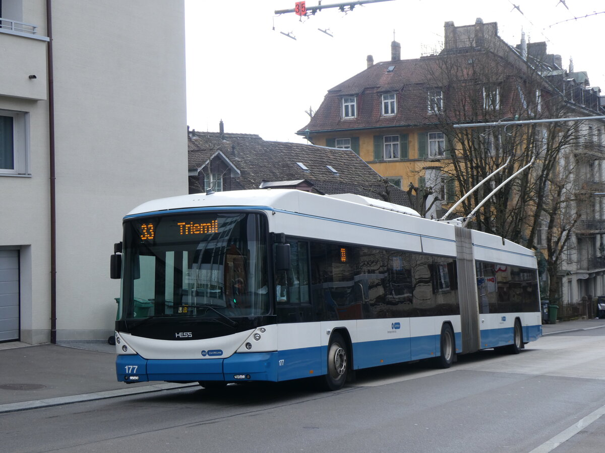 (260'145) - VBZ Zrich - Nr. 177 - Hess/Hess Gelenktrolleybus am 4. Mrz 2024 in Zrich, Klusplatz